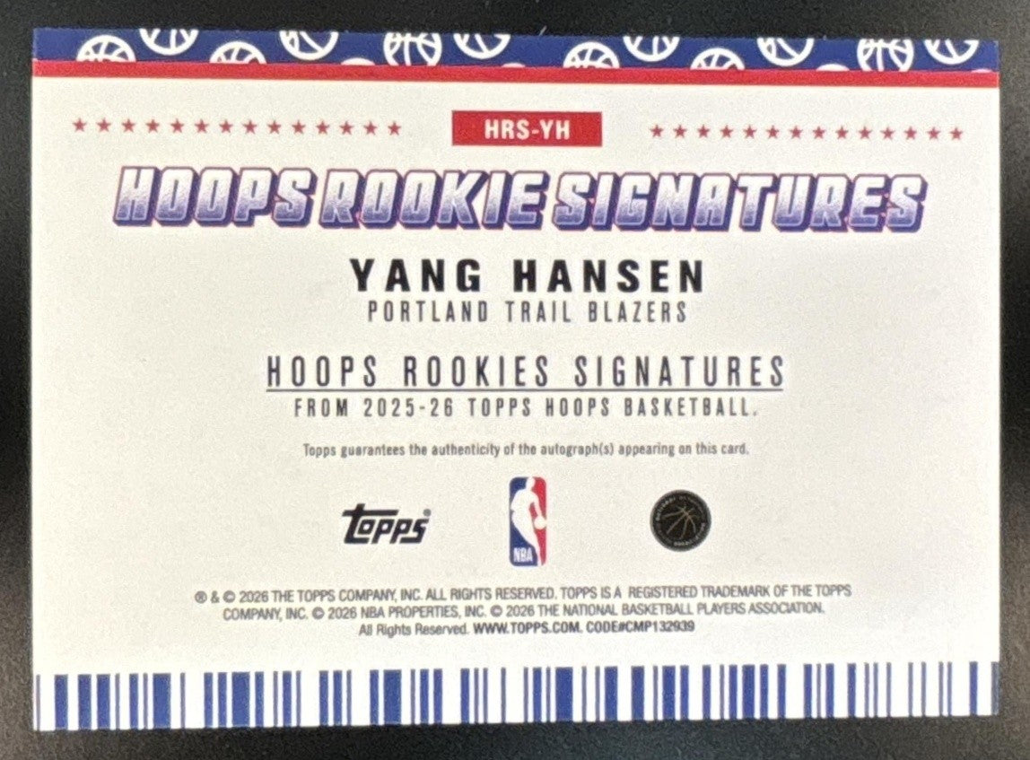 2025-26 Topps Hoops Yang Hansen Rookie Signatures RC Auto Portland Trail Blazers - Sports Cards