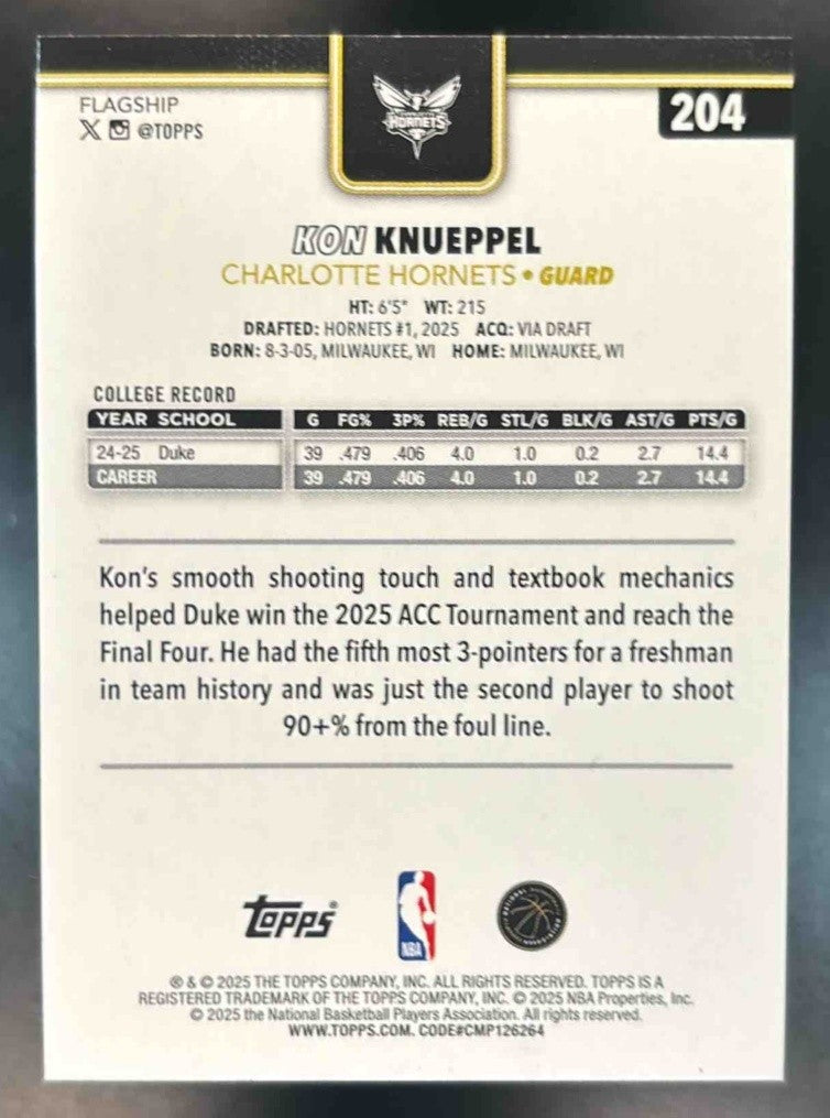 2025-26 Topps Kon Knueppel Blackout Variation #204 - Sports Cards