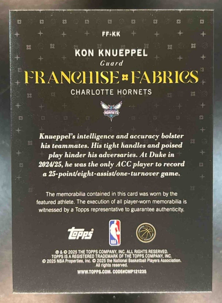 2025-26 Topps Kon Knueppel Franchise Fabrics Patch MEM RC Charlotte Hornets - Sports Cards