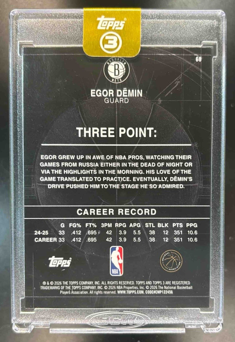 2025-26 Topps Three Egor Demin Blue /15 #68 RC Brooklyn Nets - Sports Cards