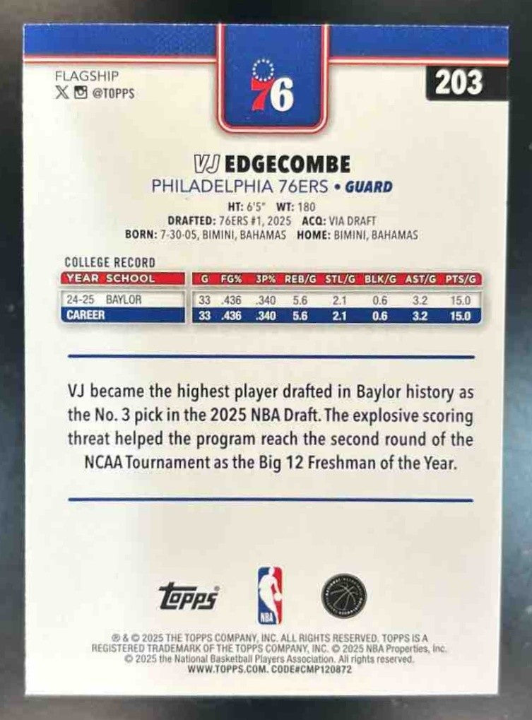 2025-26 Topps VJ Edgecombe Blue Rainbow /150 #203 RC Philadelphia 76ers - Sports Cards
