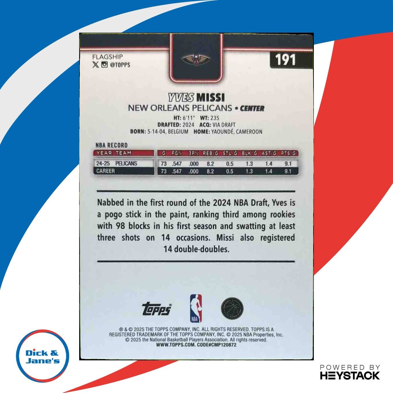 2025-26 Topps Yves Missi Red Holo Foil 1/5 #191 New Orleans Pelicans - Sports Cards