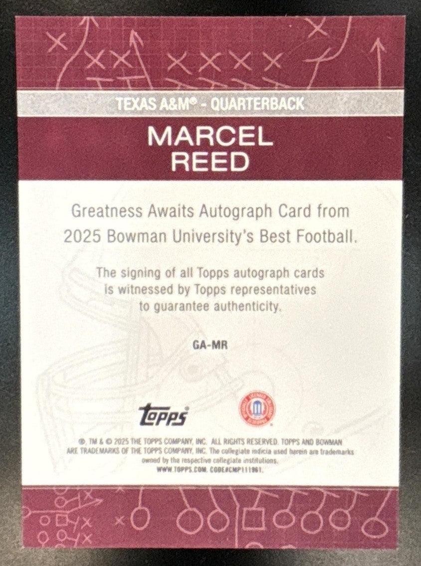 2025 Bowman Best University Marcel Reed Greatness Awaits Auto Gold Refractor /50 - Sports Cards