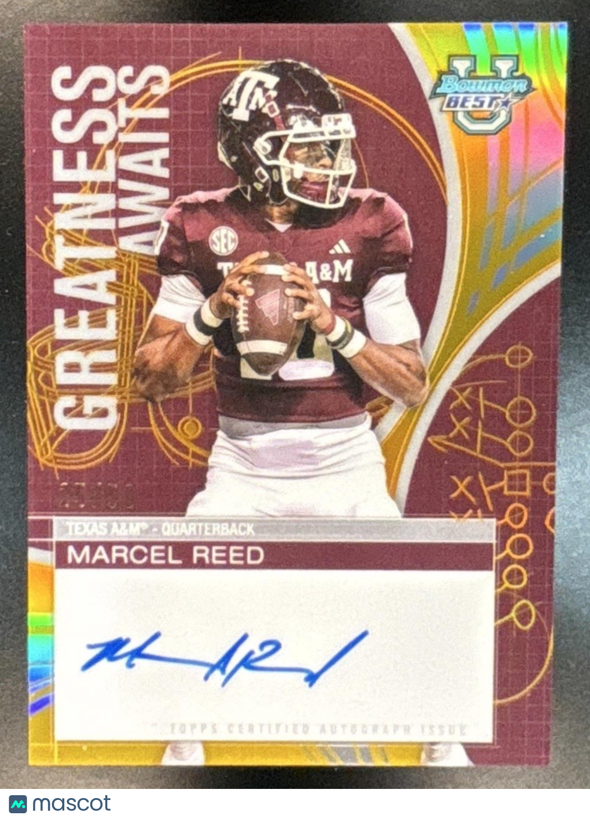 2025 Bowman Best University Marcel Reed Greatness Awaits Auto Gold Refractor /50 - Sports Cards