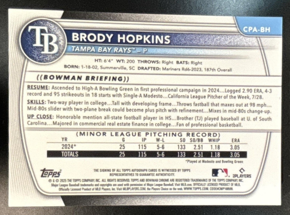 2025 Bowman Brody Hopkins Chrome Auto Speckle /299 1st Prospect Tampa Bay Rays - Sports Cards