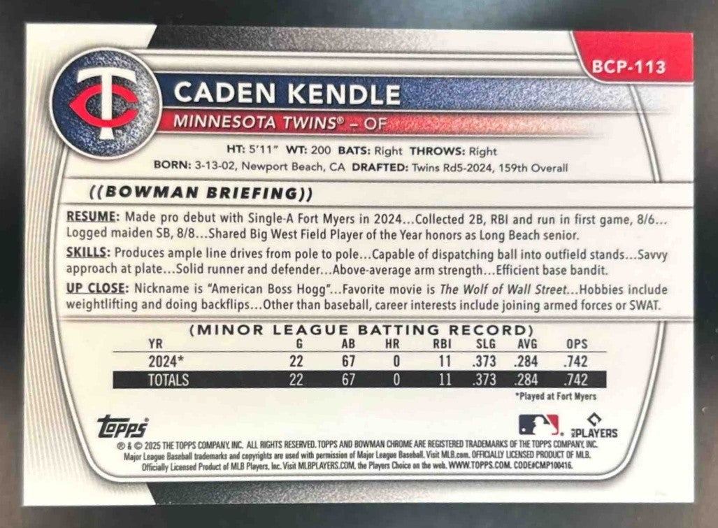2025 Bowman Caden Kendle Chrome Orange /25 #BCP-113 1st Prospect Minnesota Twins - Sports Cards
