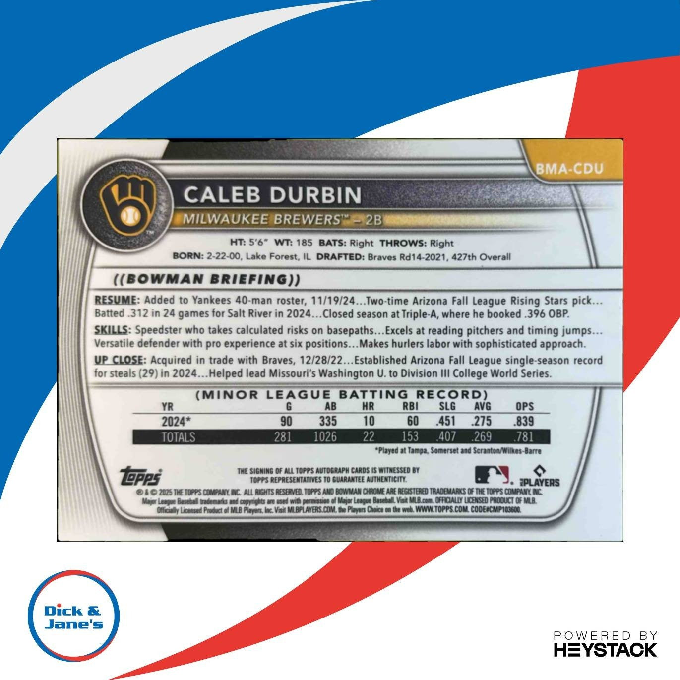 2025 Bowman Caleb Durbin Chrome Prospect Auto Mega Box Refractor Brewers - Sports Cards