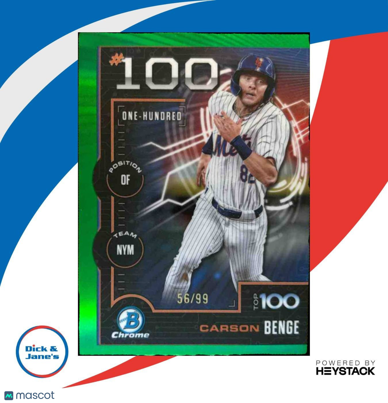 2025 Bowman Carson Benge Scouts’ Top 100 Chrome Green /99 New York Mets - Sports Cards