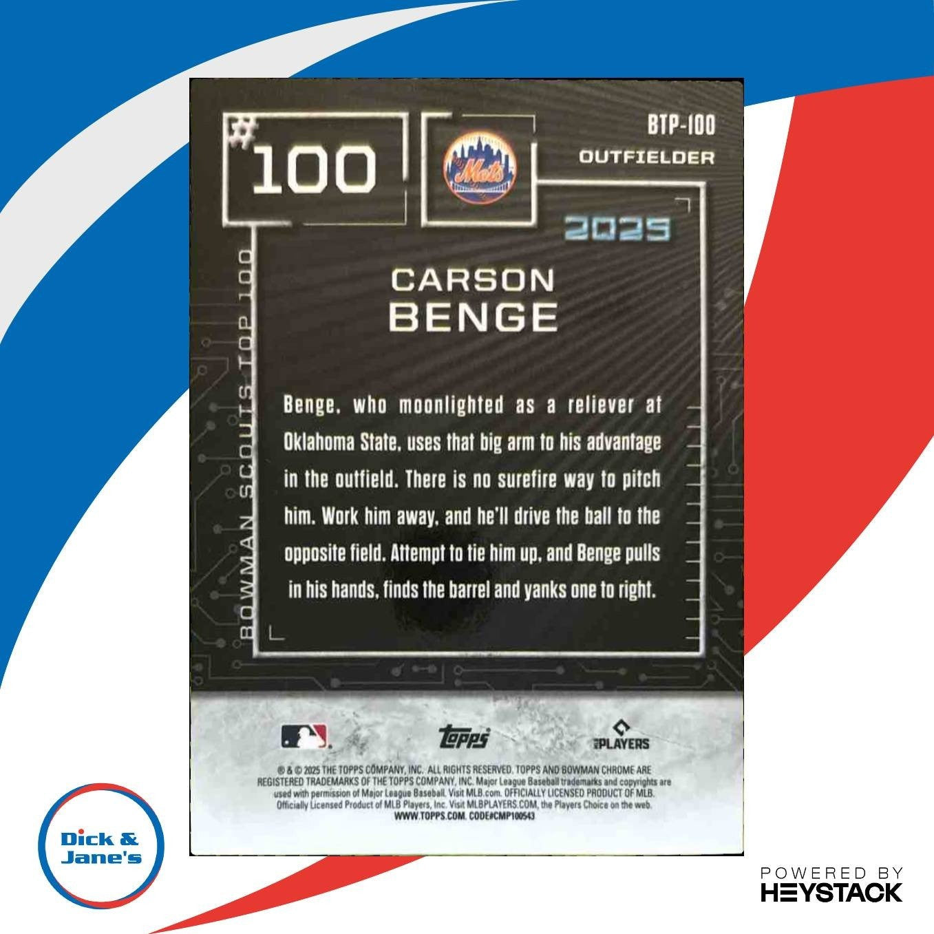 2025 Bowman Carson Benge Scouts’ Top 100 Chrome Green /99 New York Mets - Sports Cards