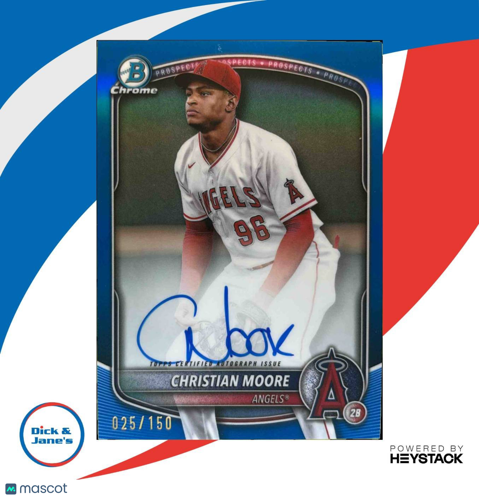 2025 Bowman Christian Moore Chrome Prospect Auto True Blue Refractor 25/150 - Sports Cards