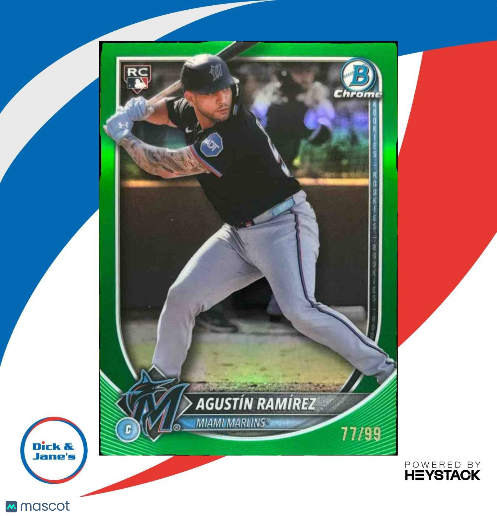 2025 Bowman Chrome Agustin Ramirez Green Refractor 77/99 #91 RC Miami Marlins - Sports Cards