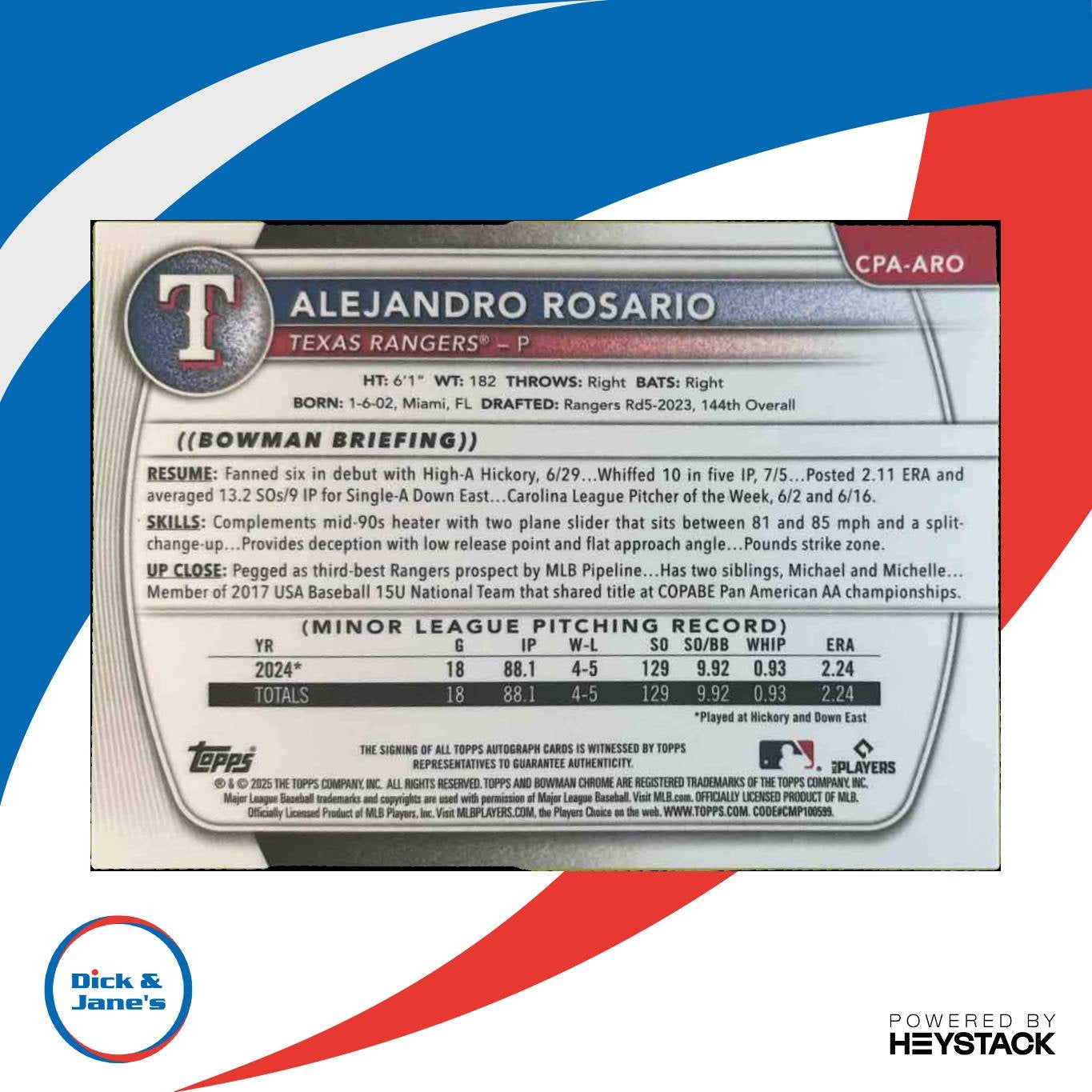 2025 Bowman Chrome Alejandro Rosario Prospect Auto HTA Choice /150 Rangers - Sports Cards