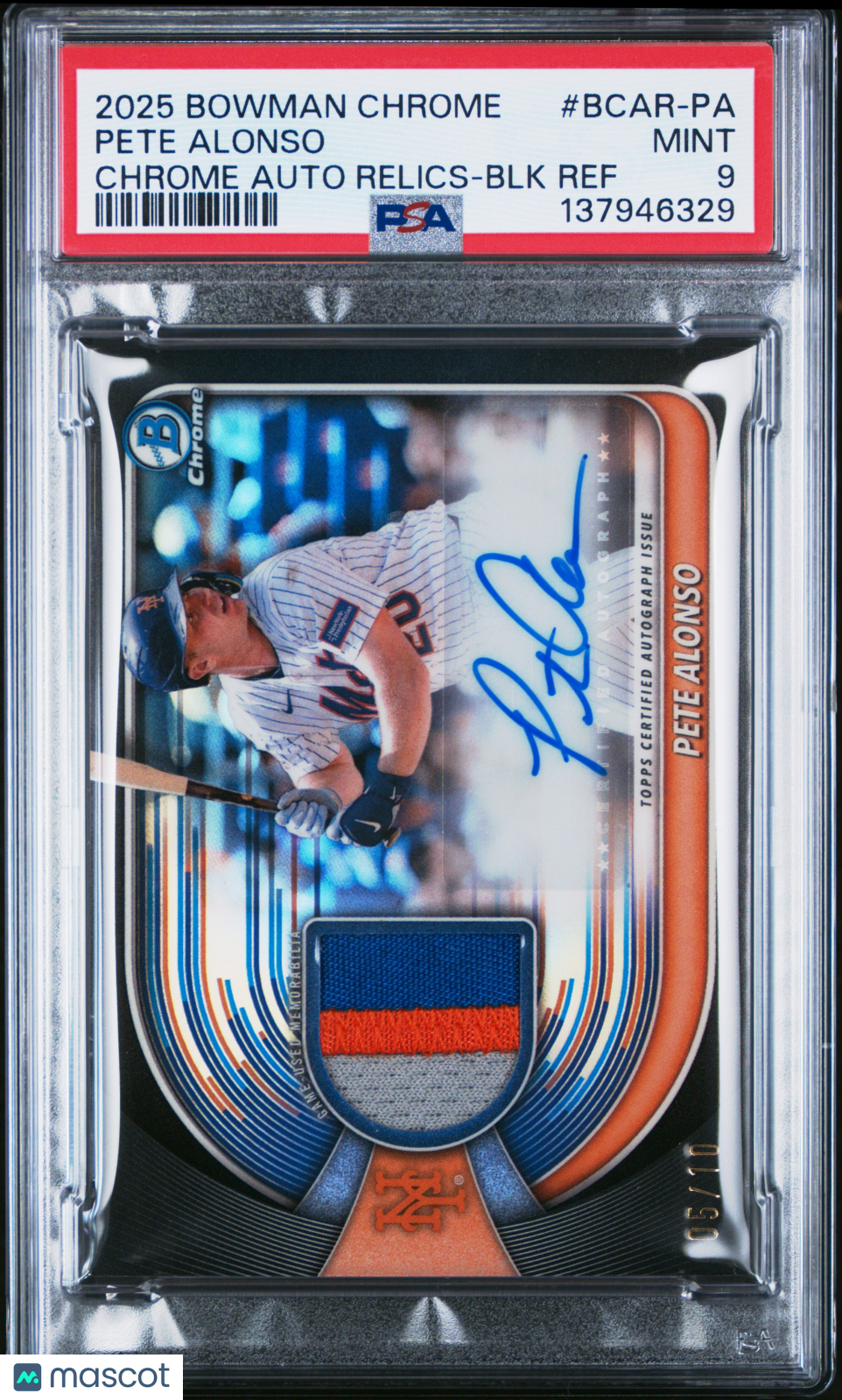 2025 Bowman Chrome Chrome Autograph Relics Pete Alonso BLK Ref 05/10 PSA 9 NMINT - Graded Sports Cards
