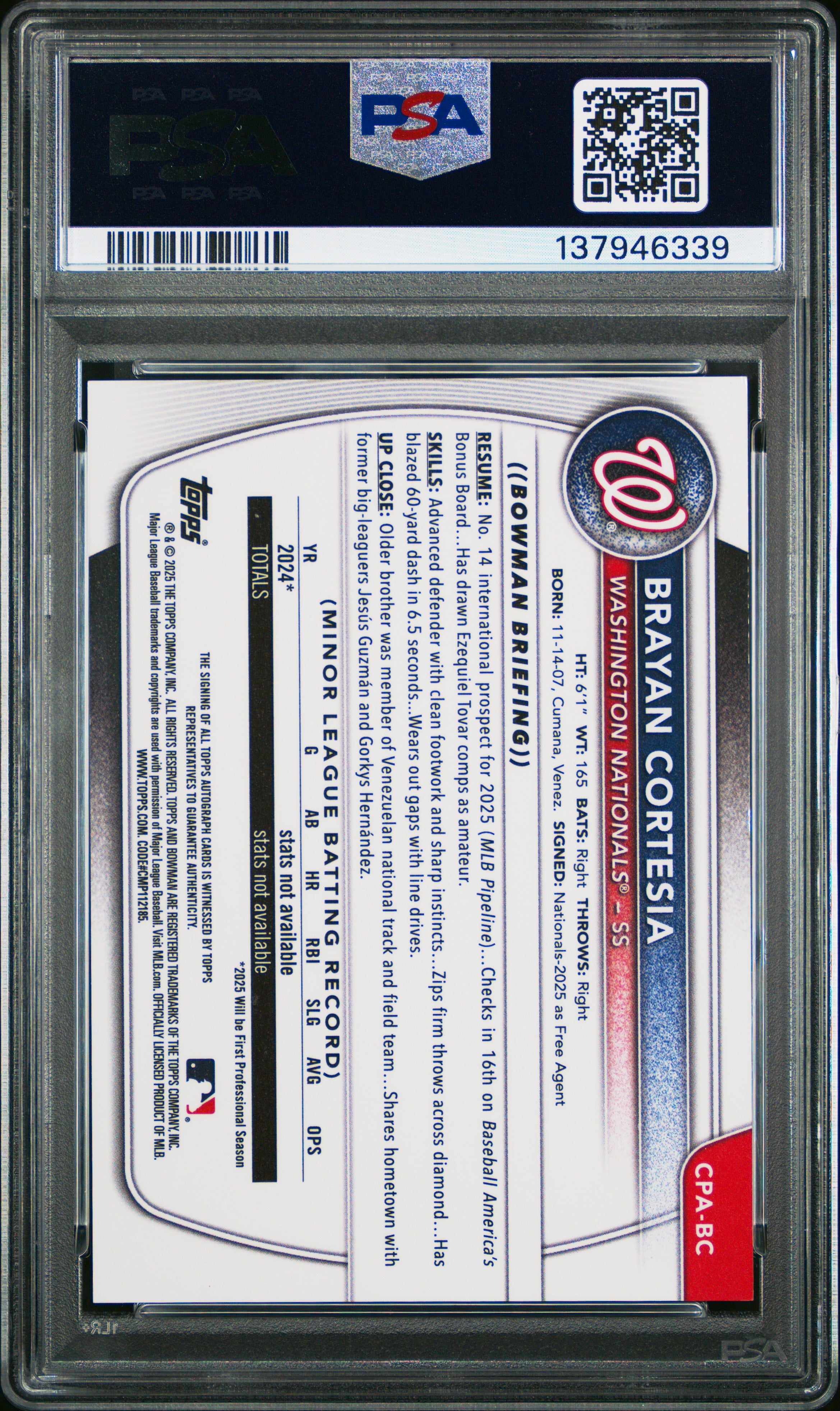 2025 Bowman Chrome Autographs Brayan Cortesia Yellow Ref Rookie /75 PSA 9 MINT - Graded Sports Cards
