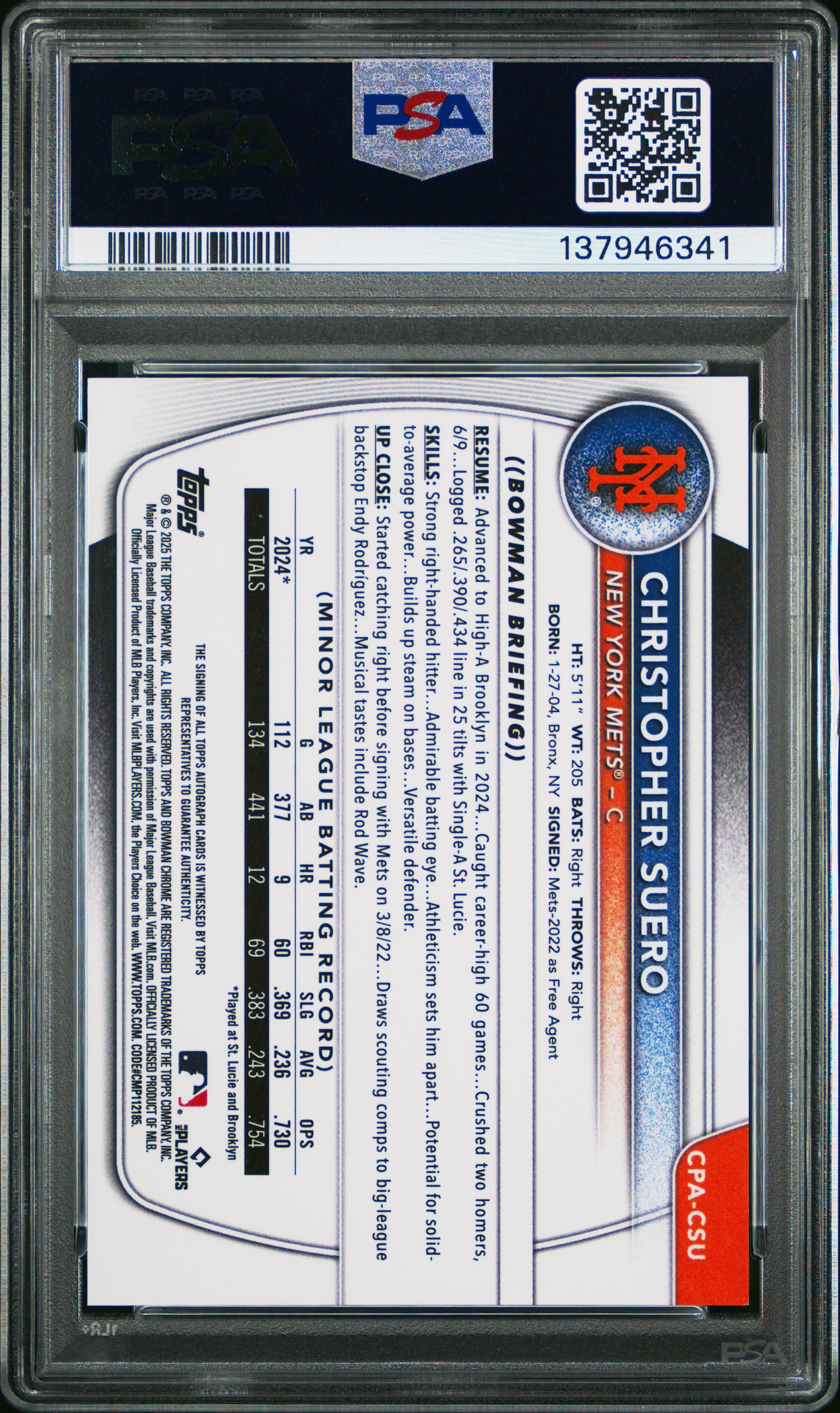 2025 Bowman Chrome Autographs Christopher Suero Gold Ref Rookie /50 PSA 9 MINT - Graded Sports Cards