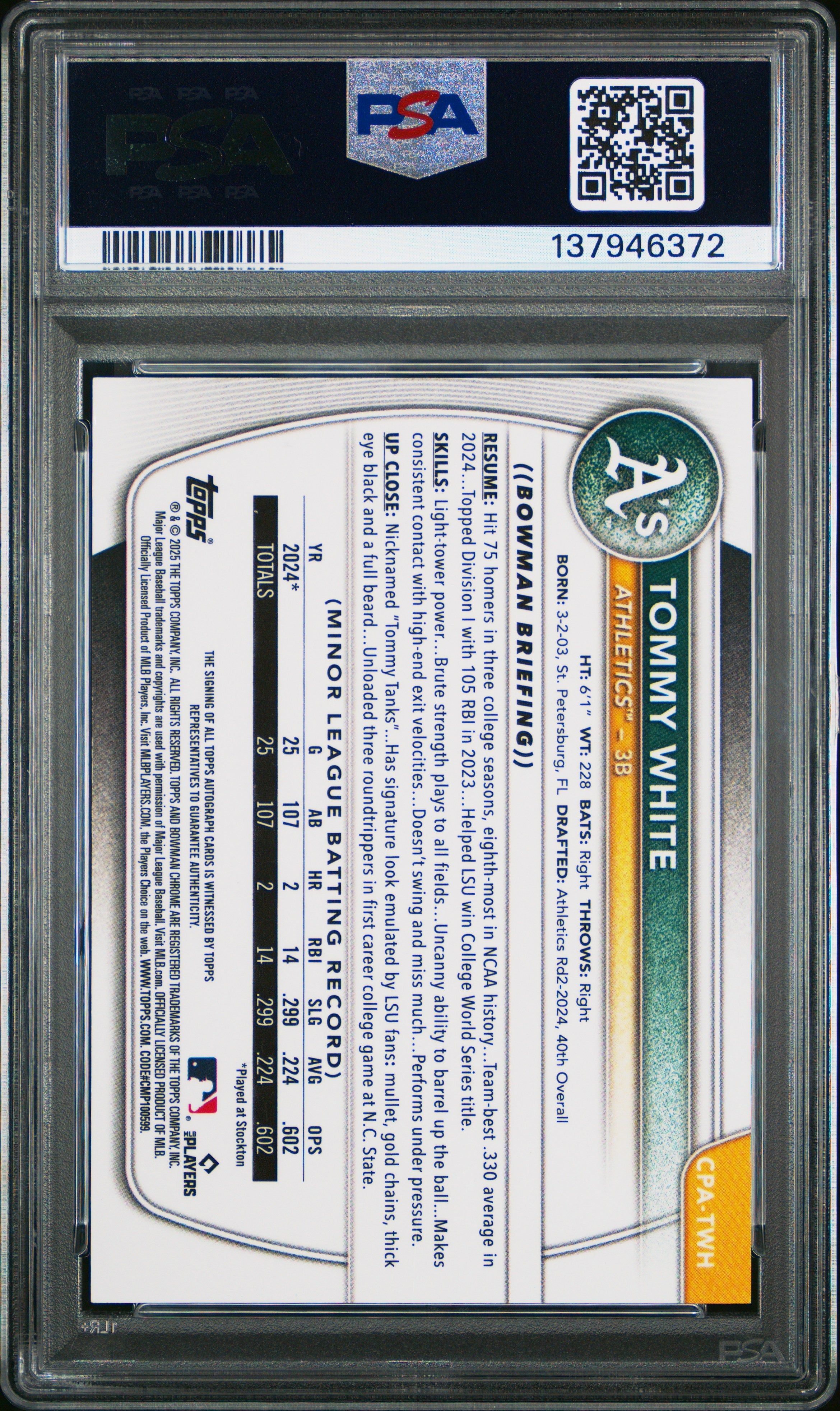 2025 Bowman Chrome Autographs Tommy White Purple Ref Rookie /250 PSA 9 Athletics - Graded Sports Cards