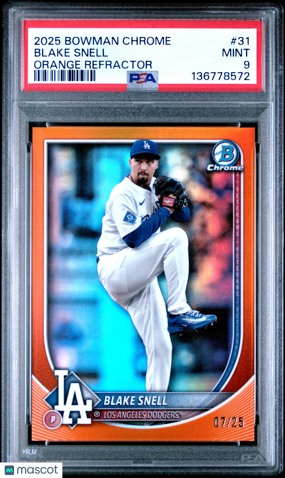 2025 Bowman Chrome Blake Snell TRUE Orange Refractor 07/25 PSA 9 LA Dodgers - Graded Sports Cards