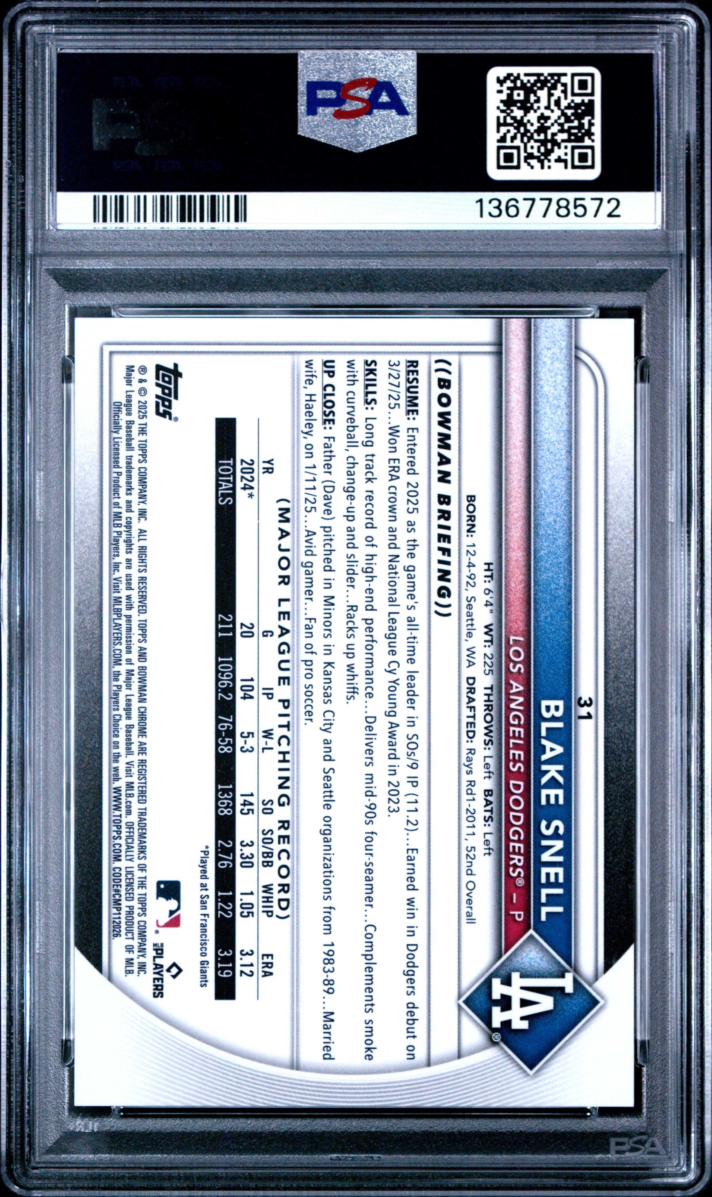 2025 Bowman Chrome Blake Snell TRUE Orange Refractor 07/25 PSA 9 LA Dodgers - Graded Sports Cards