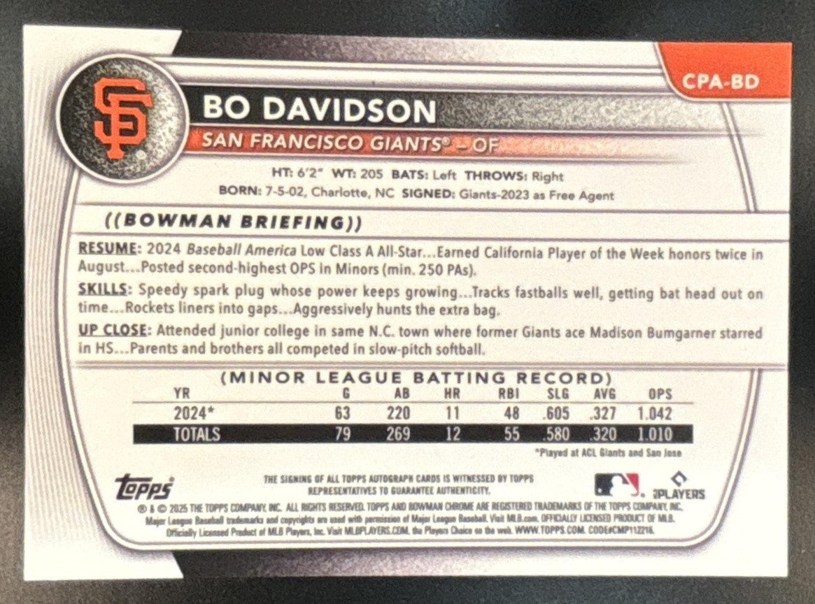 2025 Bowman Chrome Bo Davidson Auto #CPA-BD 1st Prospect San Francisco Giants - Sports Cards