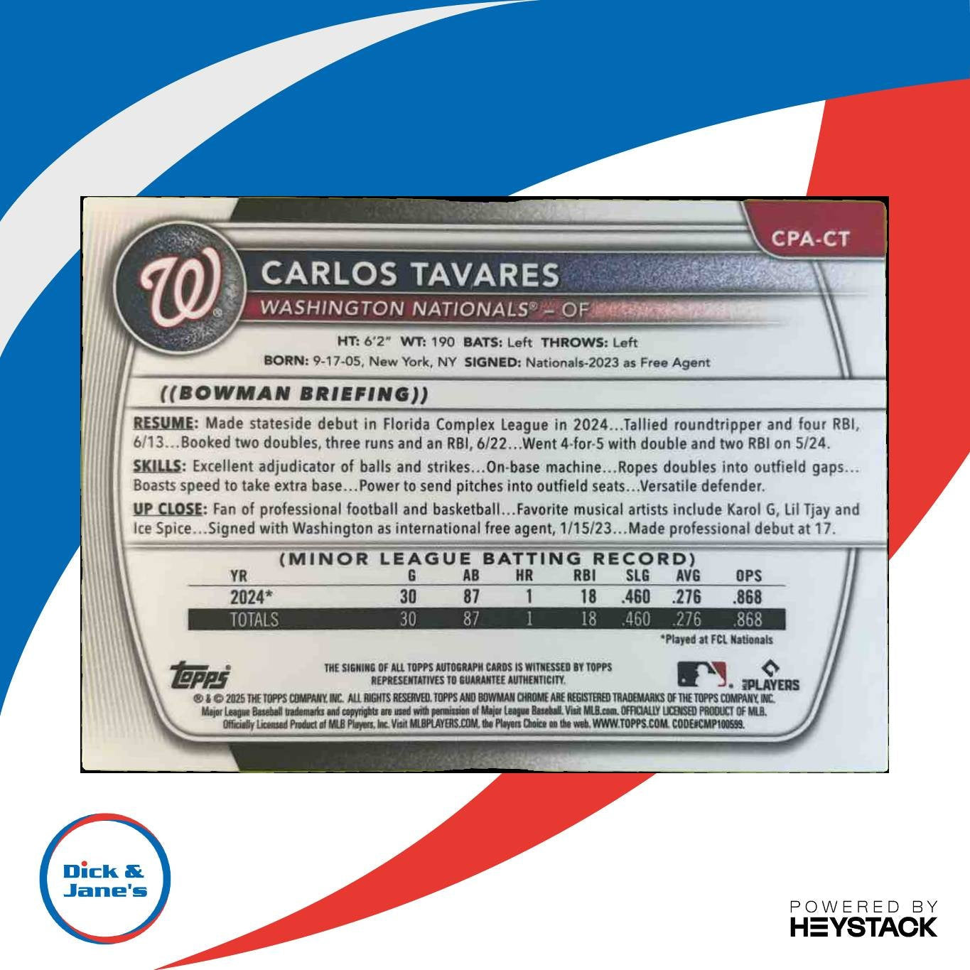 2025 Bowman Chrome Carlos Tavares Prospect Auto Reptilian Green /99 Nationals - Sports Cards