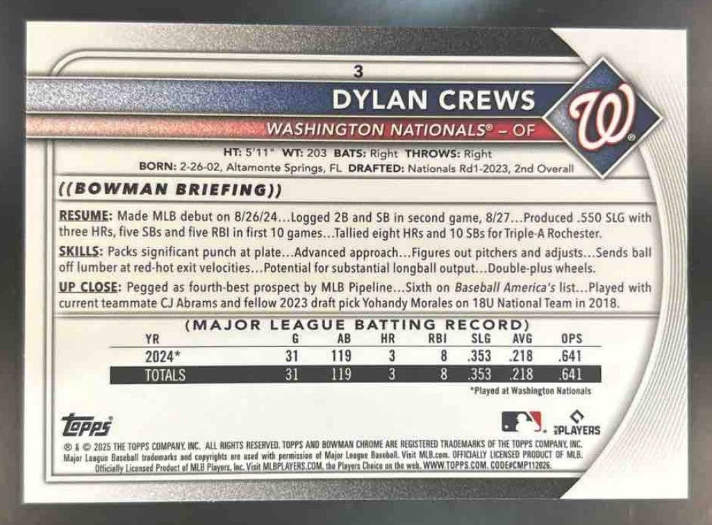 2025 Bowman Chrome Dylan Crews Yellow Refractor /75 #3 RC Washington Nationals - Sports Cards