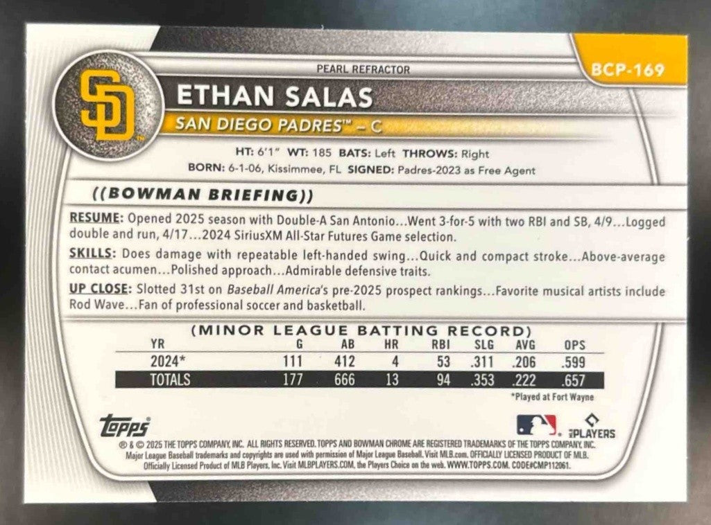 2025 Bowman Chrome Ethan Salas Prospects Pearl #BCP-169 Padres - Sports Cards