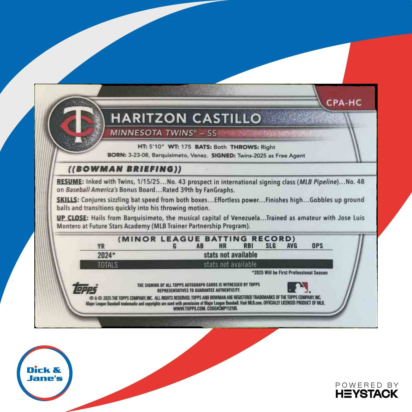 2025 Bowman Chrome Haritzon Castillo Auto #CPA-HC 1st Prospect Minnesota Twins - Sports Cards