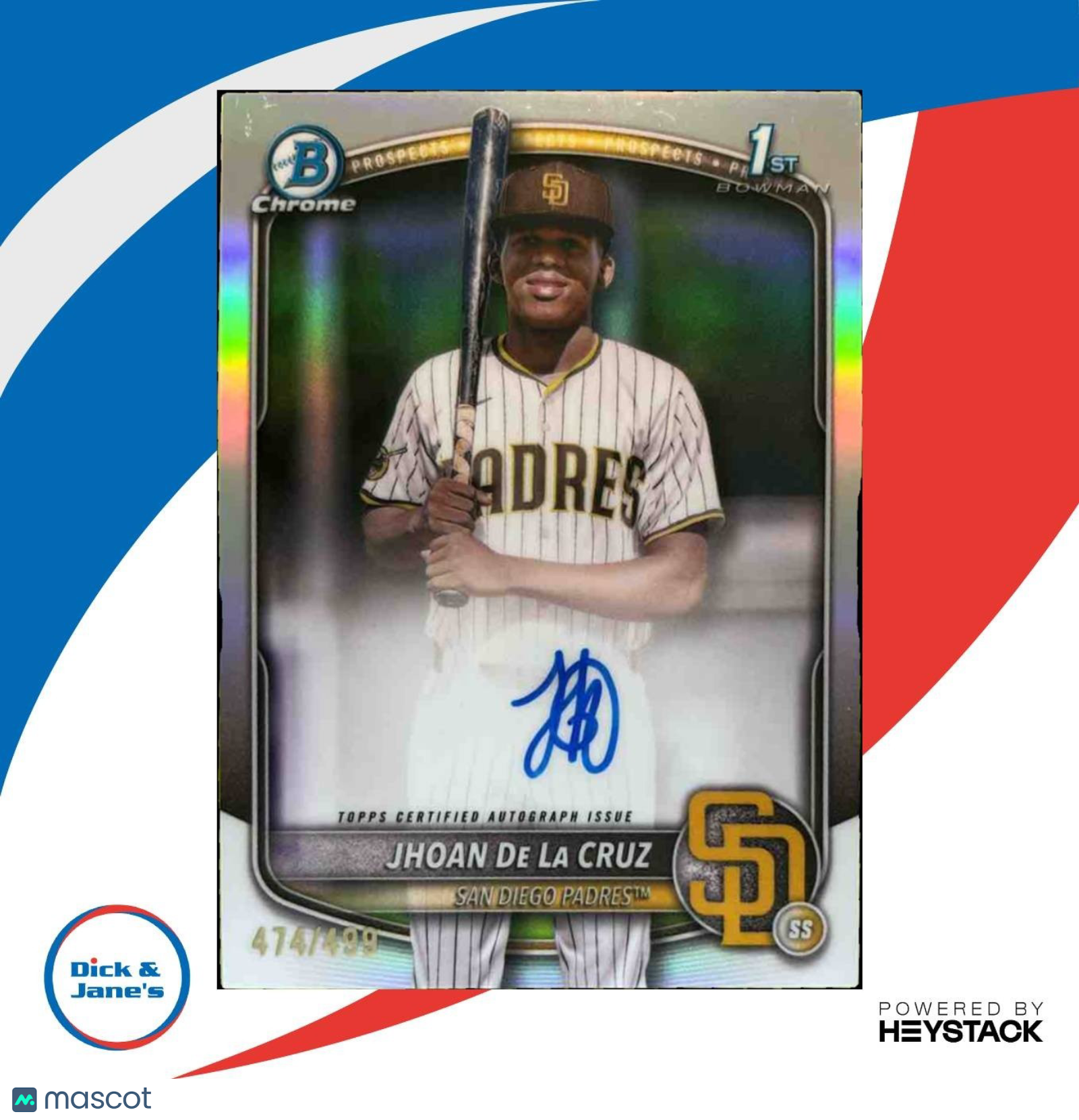 2025 Bowman Chrome Jhoan De La Cruz Auto Refractor /499 1st Prospect Padres - Sports Cards