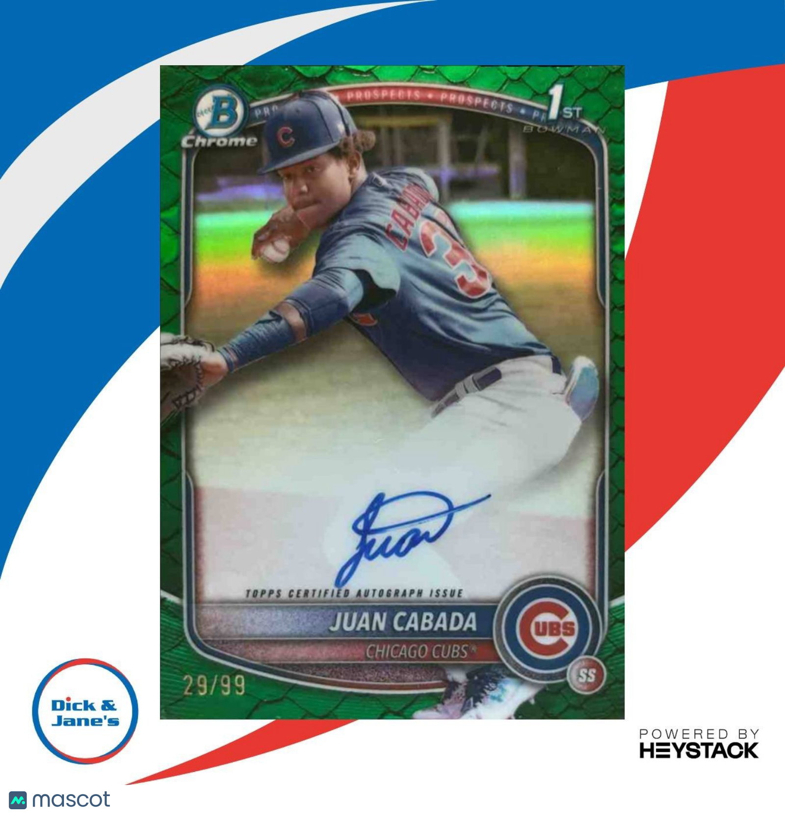 2025 Bowman Chrome Juan Cabada Auto Reptilian Green /99 1st Prospect Cubs - Sports Cards