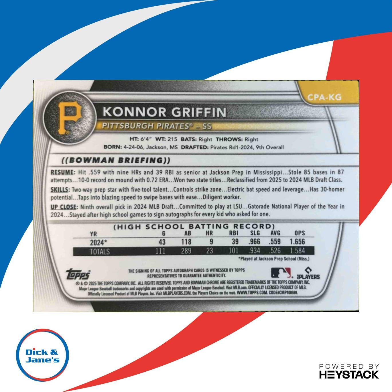 2025 Bowman Chrome Konnor Griffin Prospect Auto True Gold Refractor /50 Pirates Sports Cards