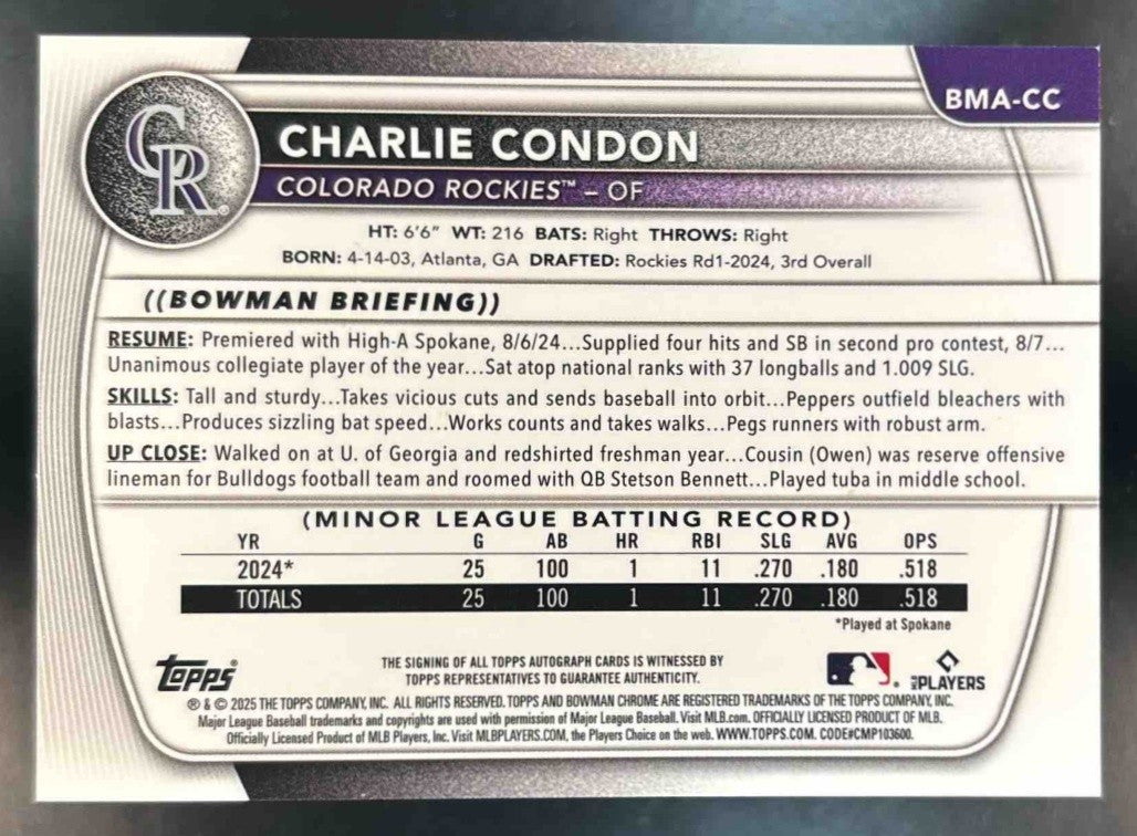 2025 Bowman Chrome Mega Box Charlie Condon Prospect Auto Purple Mojo /199 Rockie - Sports Cards