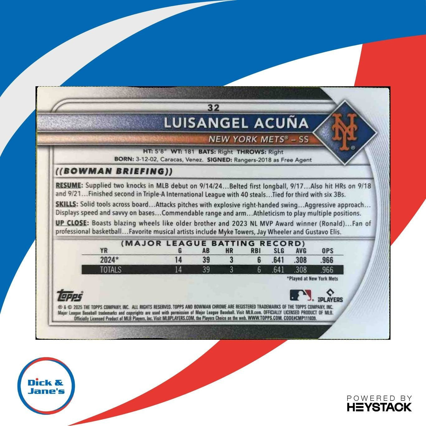 2025 Bowman Chrome Mega Box Luisangel Acuna Aqua Mojo /299 #32 RC New York Mets - Sports Cards