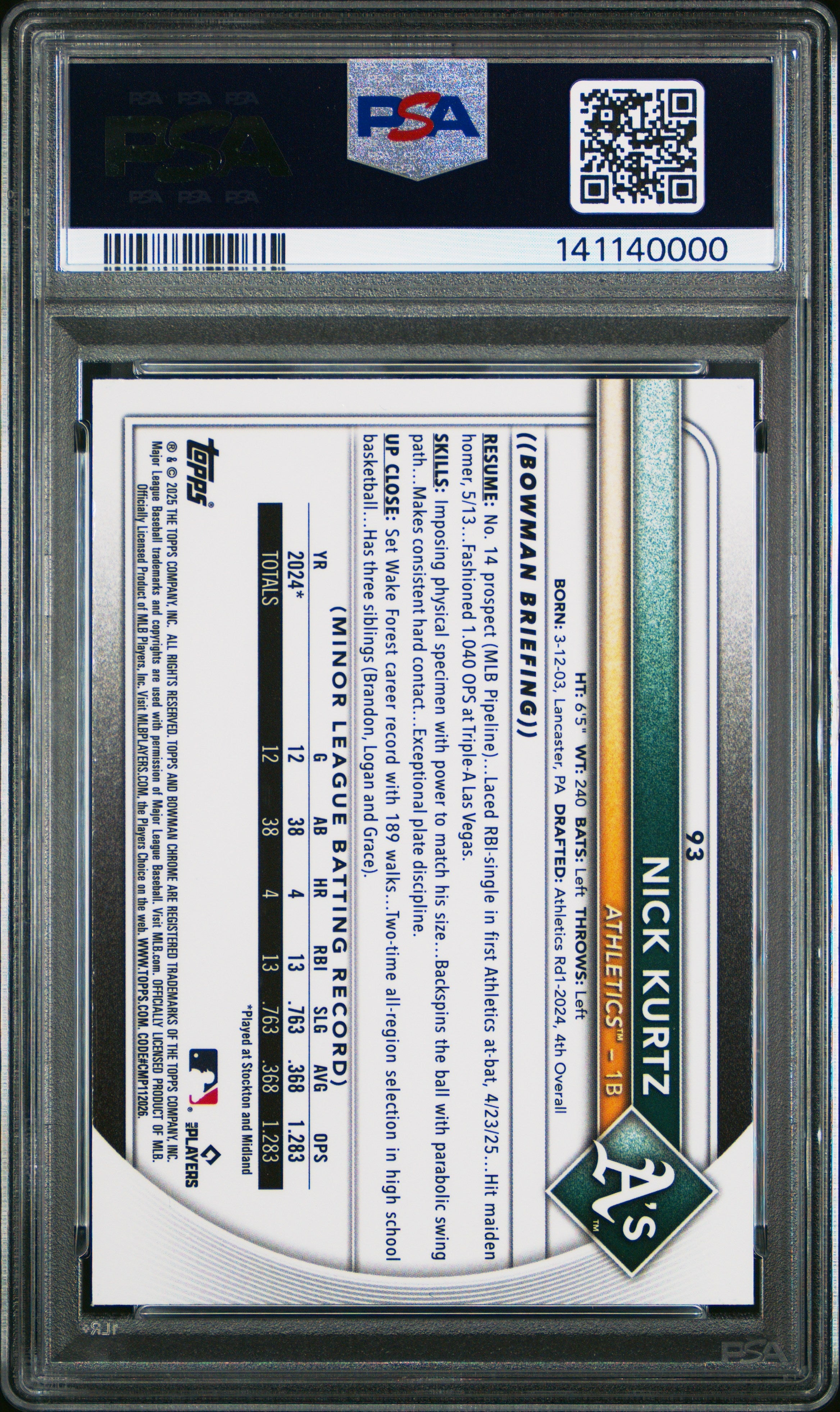 2025 Bowman Chrome Nick Kurtz Fuchsia Refractor Rookie 129/299 #93 PSA 9 MINT - Graded Sports Cards