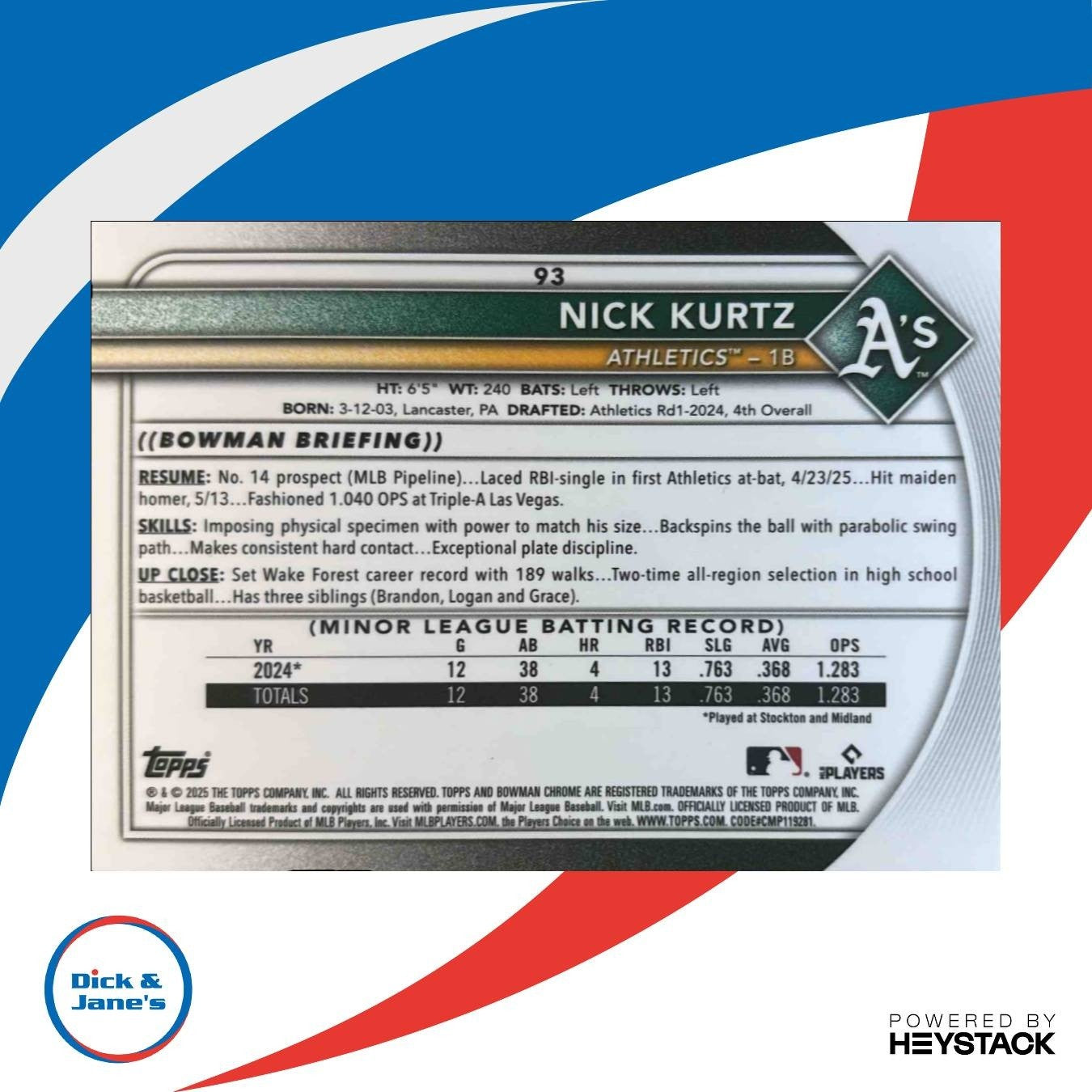 2025 Bowman Chrome Nick Kurtz Red RC Variation #93 Athletics - Sports Cards