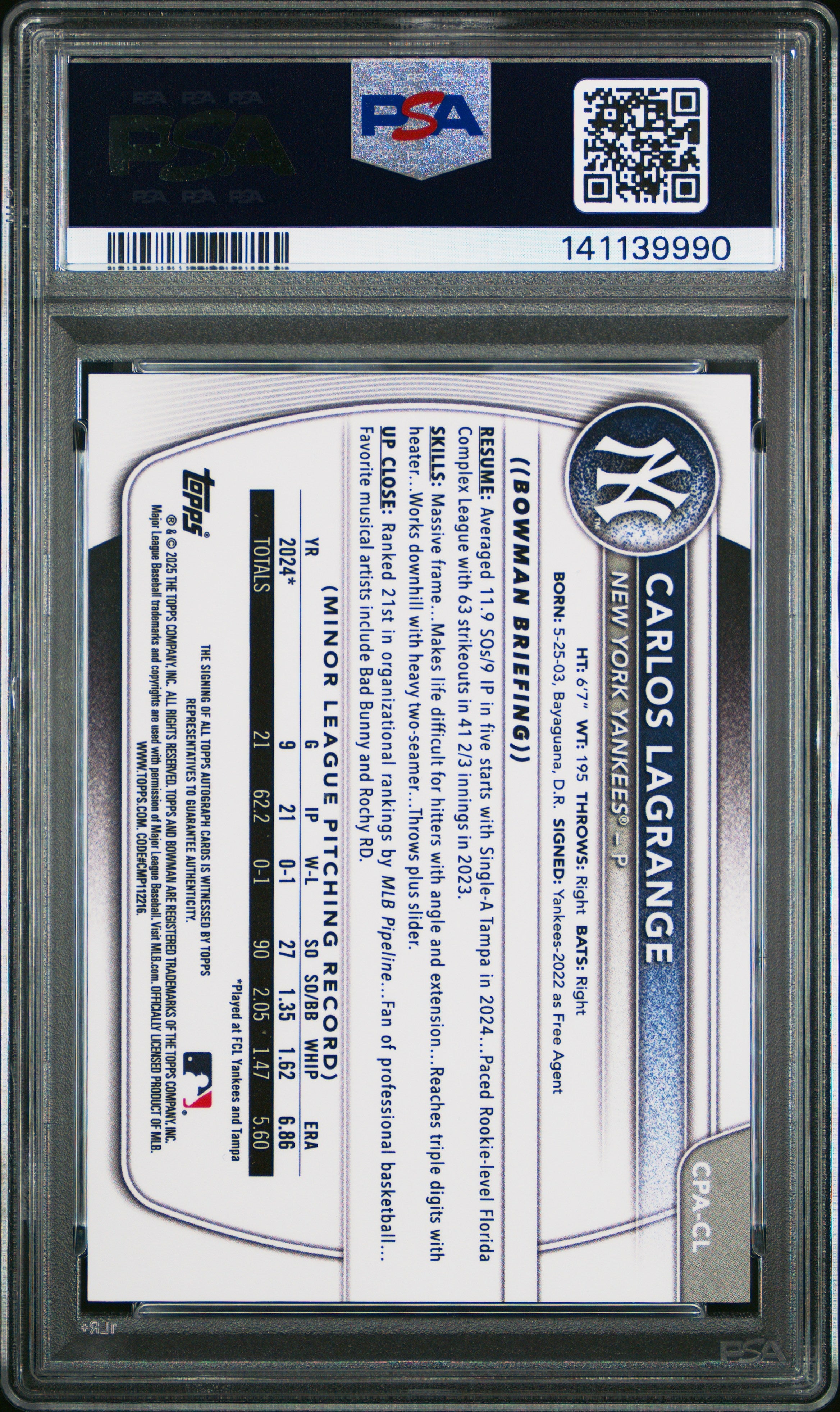 2025 Bowman Chrome Prospect Auto Carlos Lagrange Green Reptilian 94/99 PSA 10 - Graded Sports Cards