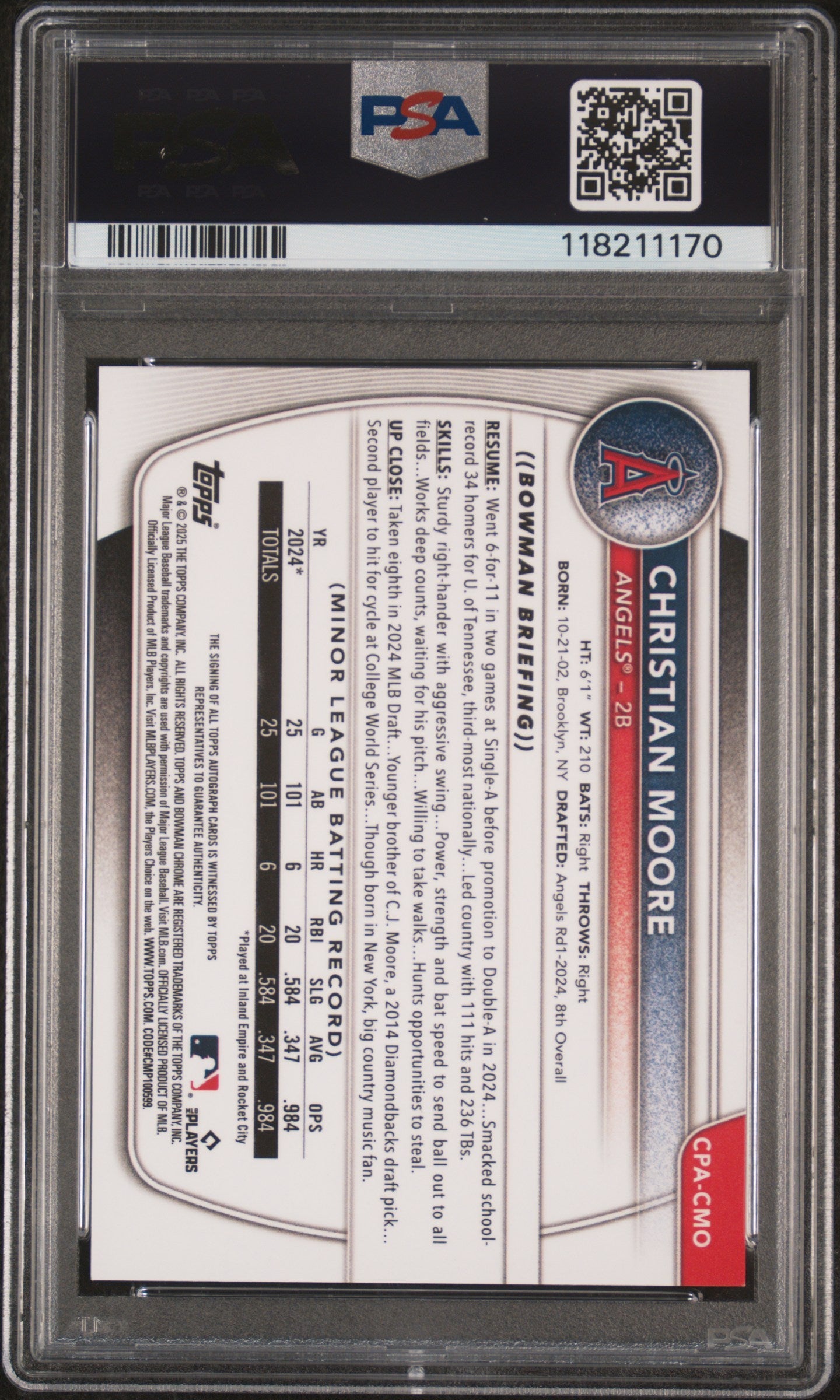 2025 Bowman Chrome Prospect Autographs Christian Moore Gold Shimmer 17/50 PSA 10 Graded Sports Cards