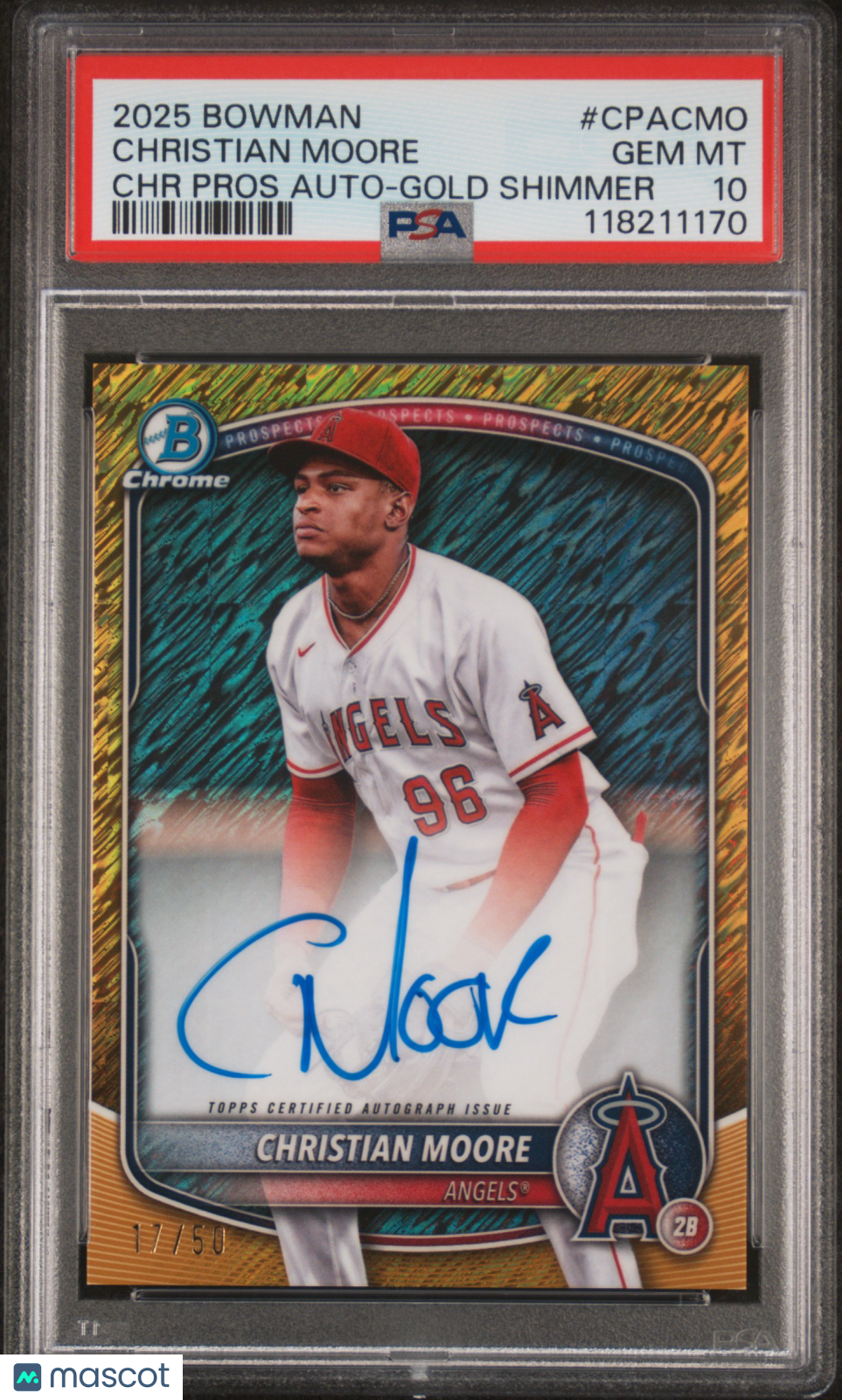 2025 Bowman Chrome Prospect Autographs Christian Moore Gold Shimmer 17/50 PSA 10 Graded Sports Cards
