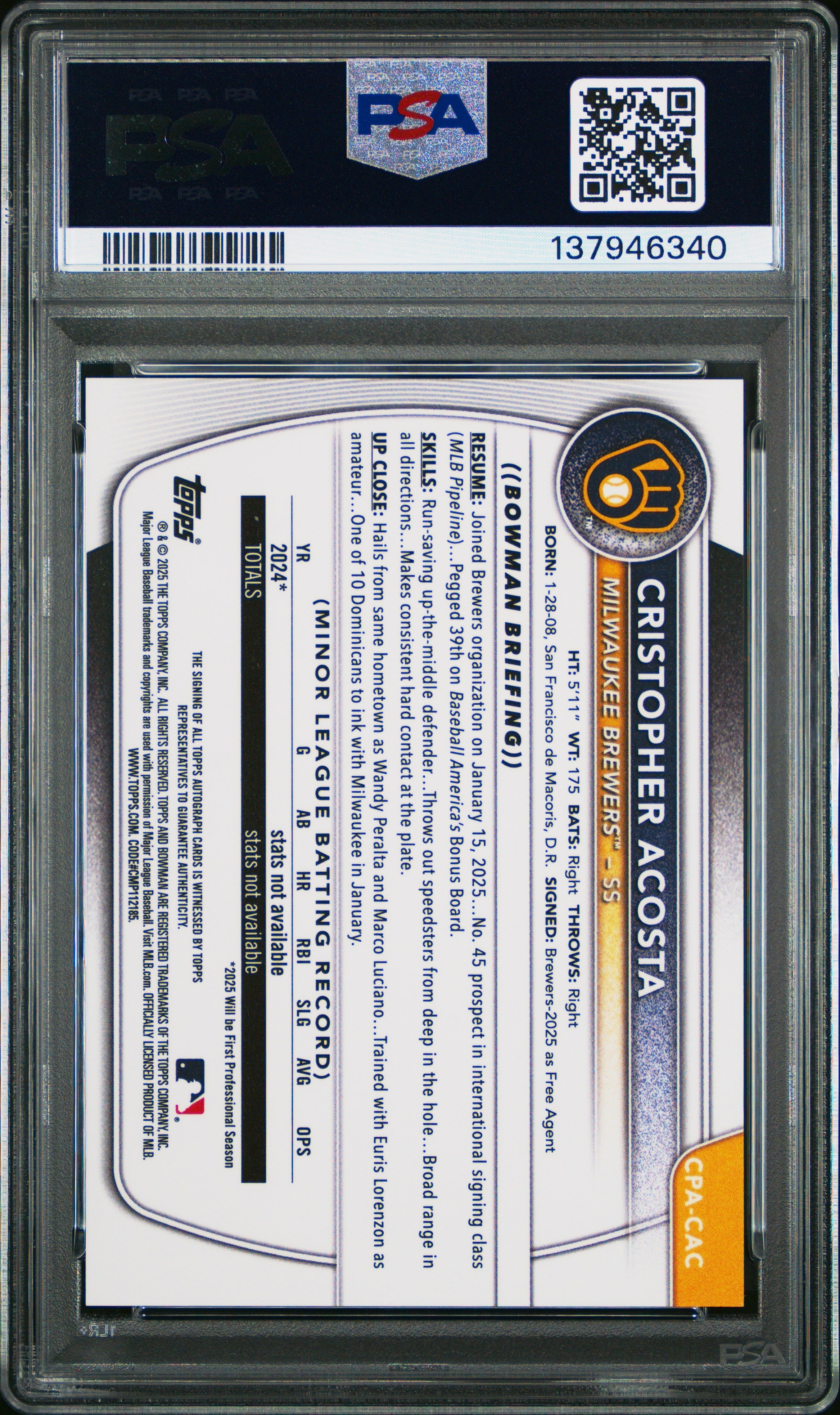 2025 Bowman Chrome Prospect Autographs Cristopher Acosta Rookie PSA 10 GEM MINT - Graded Sports Cards