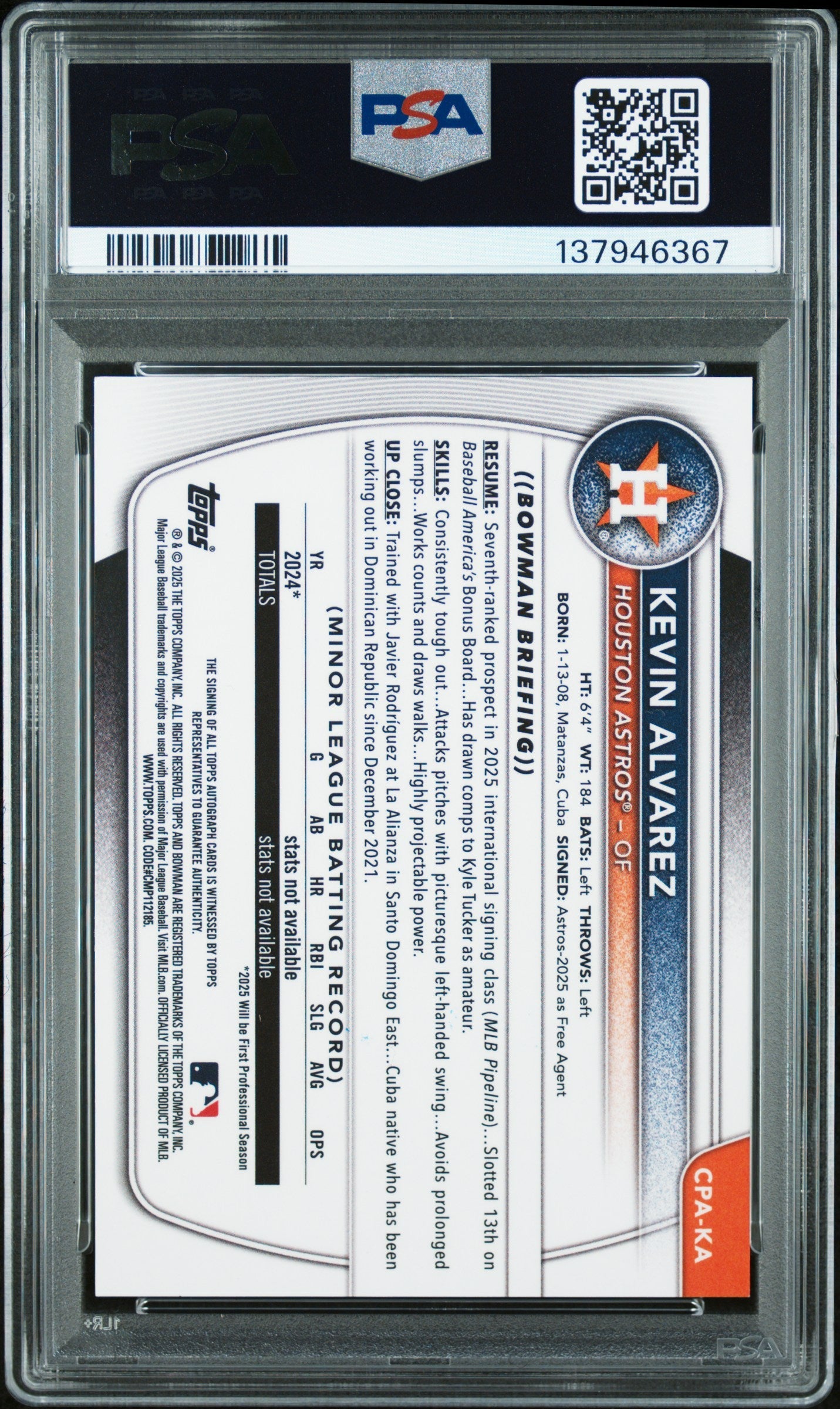 2025 Bowman Chrome Prospect Autographs Kevin Alvarez #CPAKA PSA 9 Houston Astros - Graded Sports Cards