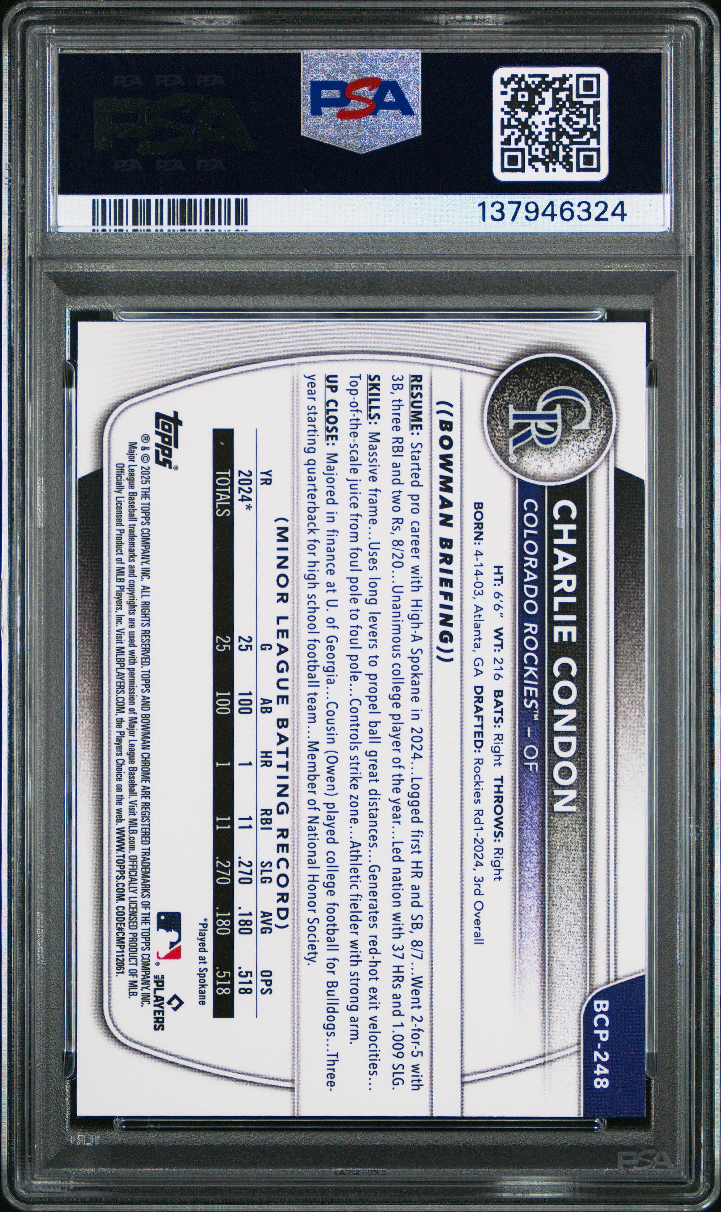 2025 Bowman Chrome Prospects Charlie Condon Peanuts #BCP248 PSA 9 MINT Rockies - Graded Sports Cards