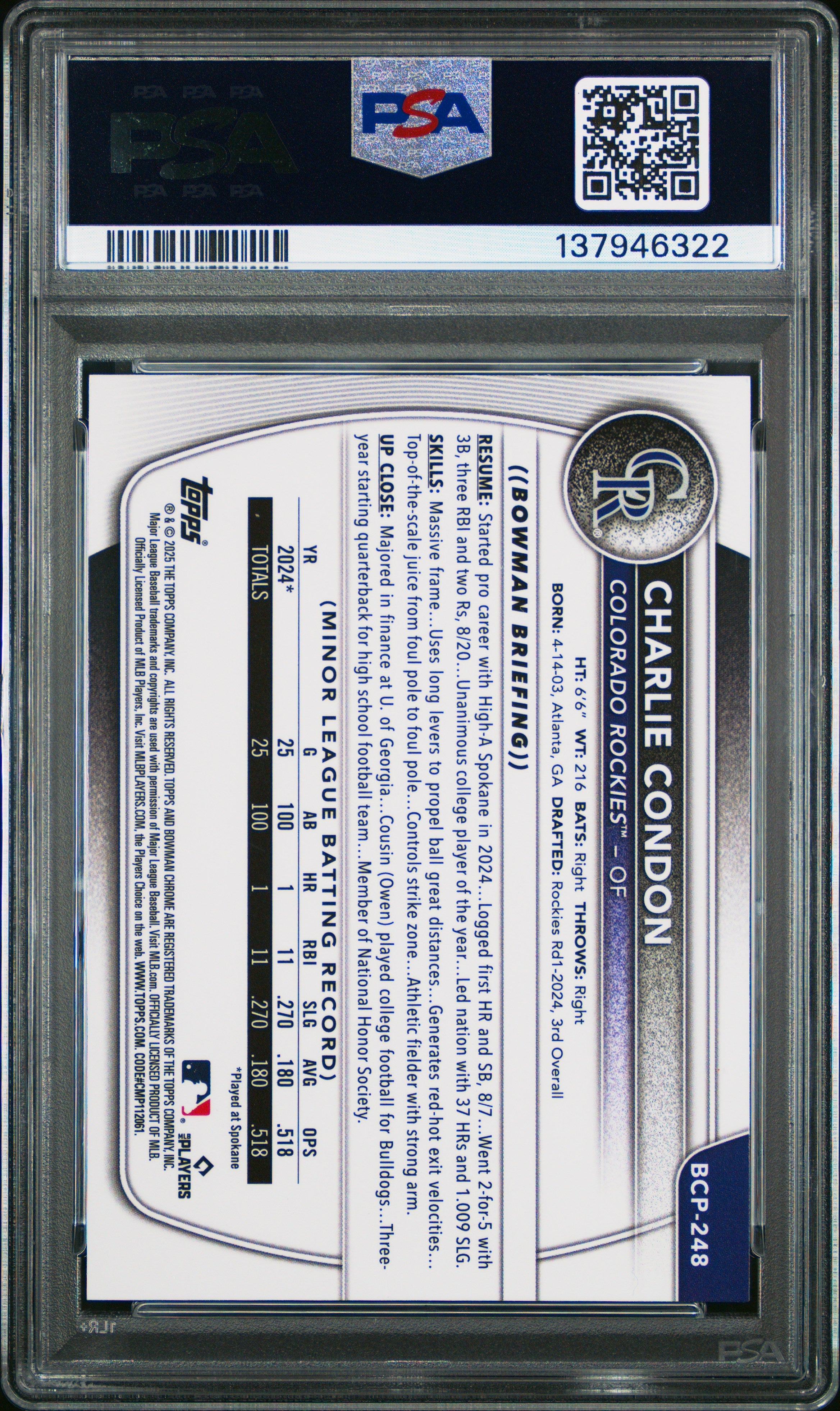 2025 Bowman Chrome Prospects Charlie Condon Purple Shimmer /250 PSA 10 GEM MINT - Graded Sports Cards