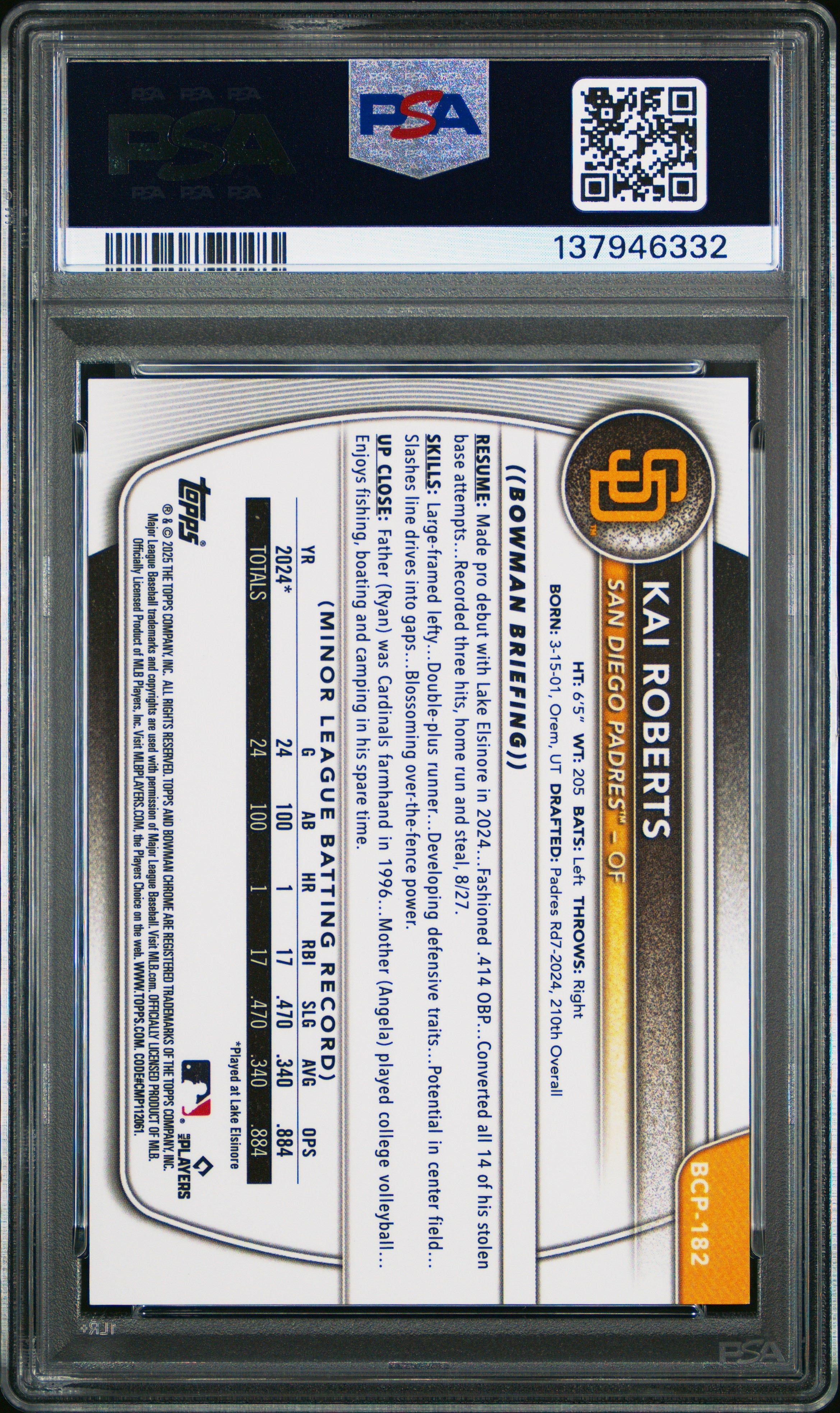 2025 Bowman Chrome Prospects Kai Roberts Gold Shimmer Rookie 04/50 PSA 9 MINT - Graded Sports Cards