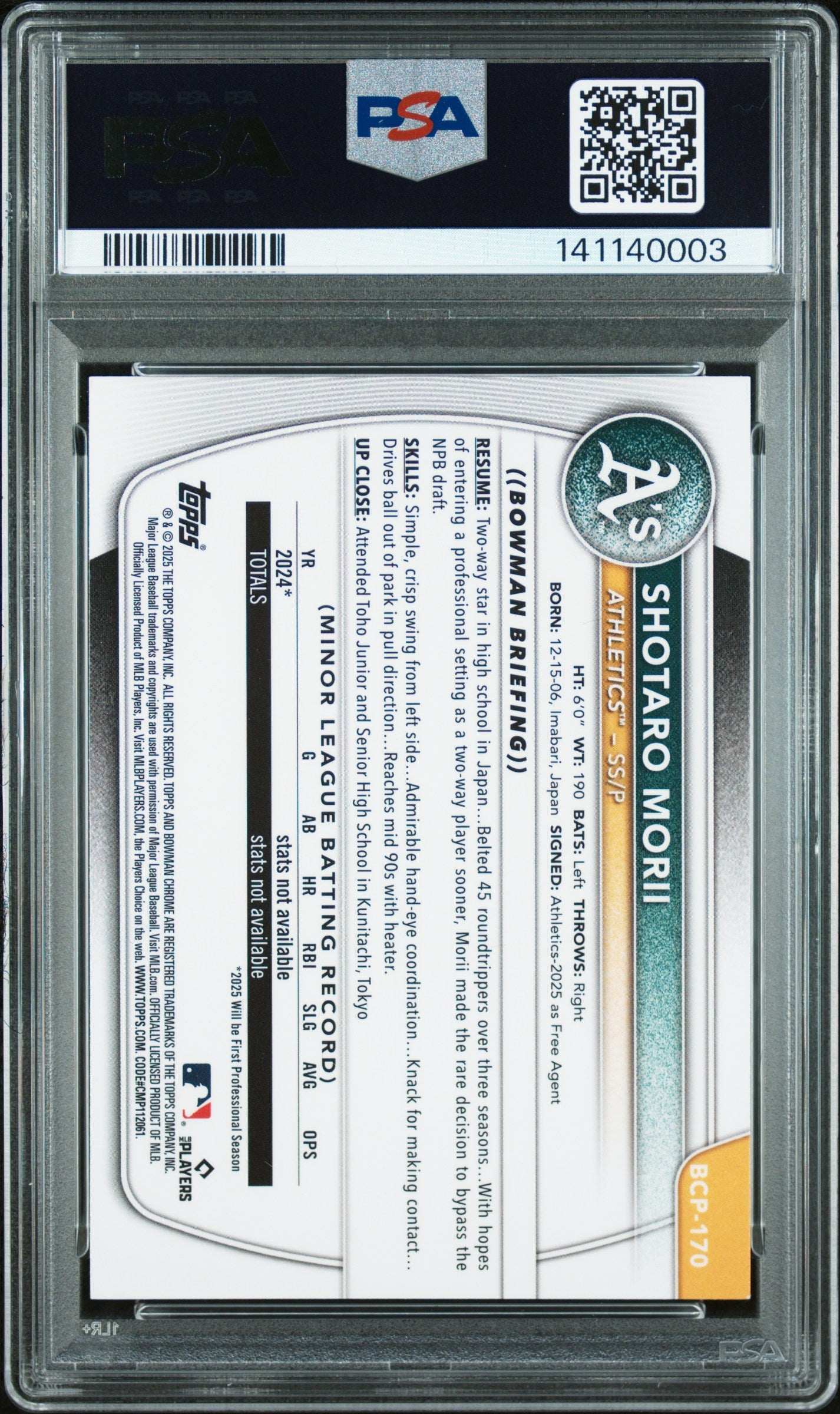 2025 Bowman Chrome Prospects Shotaro Morii Blue Wave Rookie 147/150 PSA 9 MINT - Graded Sports Cards