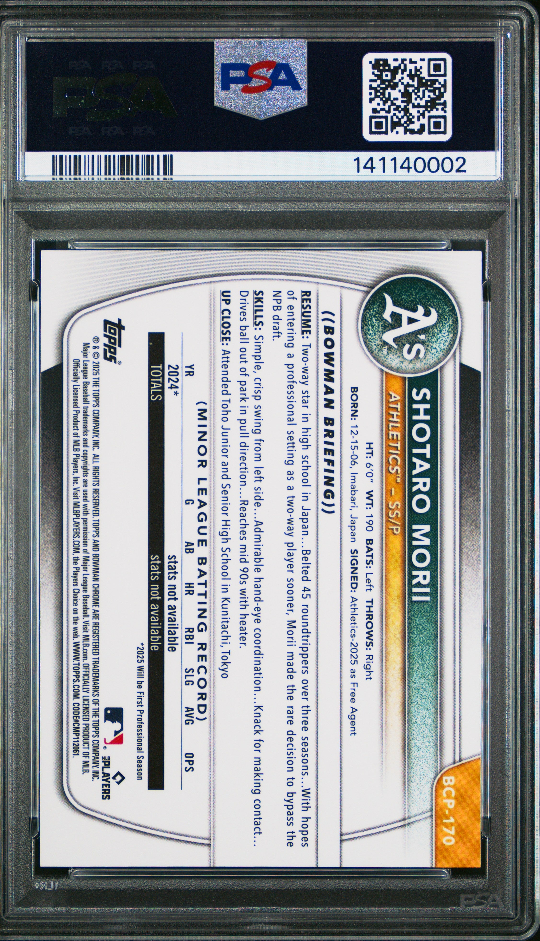 2025 Bowman Chrome Prospects Shotaro Morii Shimmer Ref Rookie PSA 10 GEM MINT - Graded Sports Cards