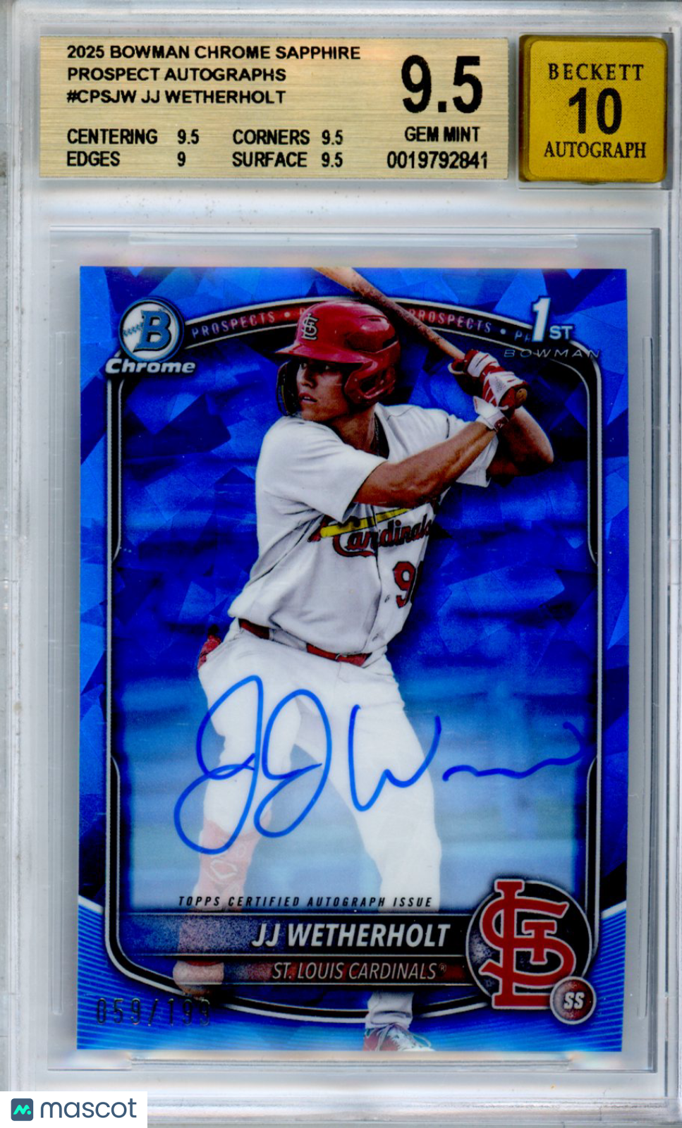 2025 Bowman Chrome Sapphire Prospect Auto JJ Wetherholt /199 BGS 9.5 AUTO 10 - Graded Sports Cards