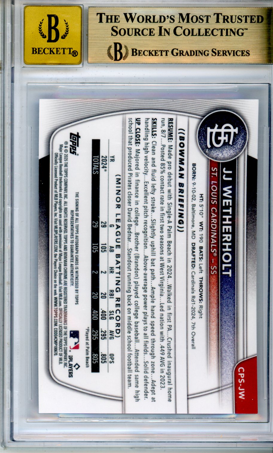 2025 Bowman Chrome Sapphire Prospect Auto JJ Wetherholt /199 BGS 9.5 AUTO 10 - Graded Sports Cards