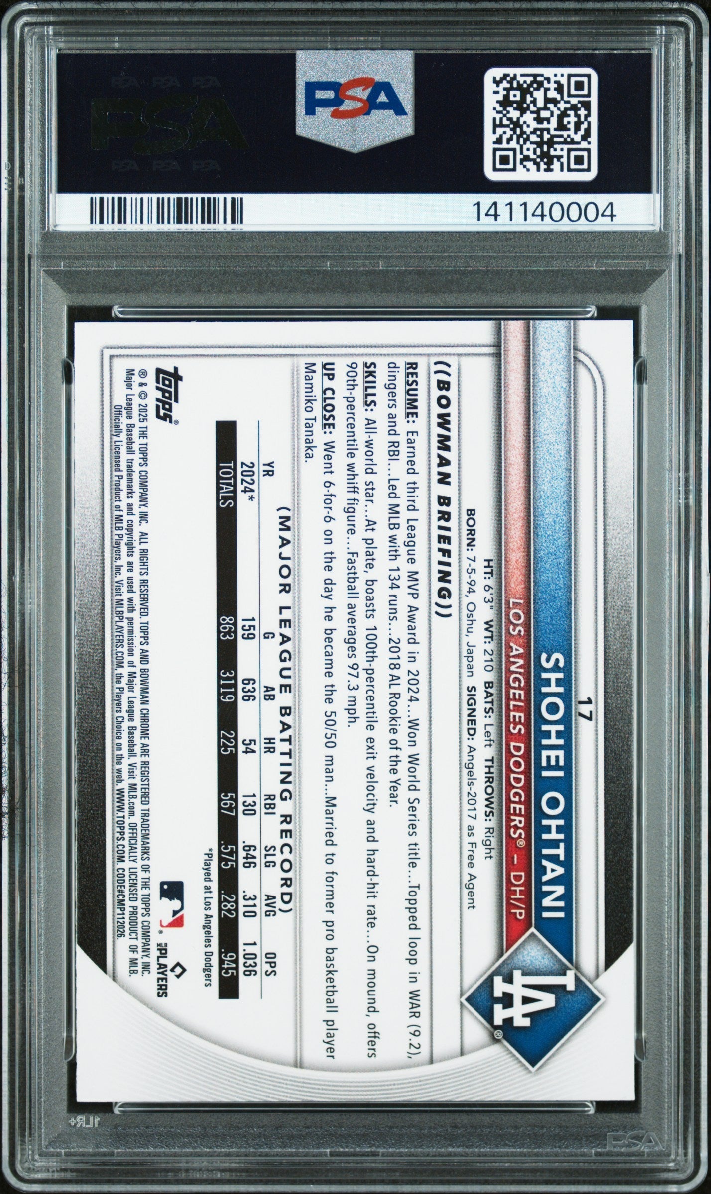 2025 Bowman Chrome Shohei Ohtani Fuchsia Wave 140/299 #17 PSA 9 MINT Dodgers - Graded Sports Cards