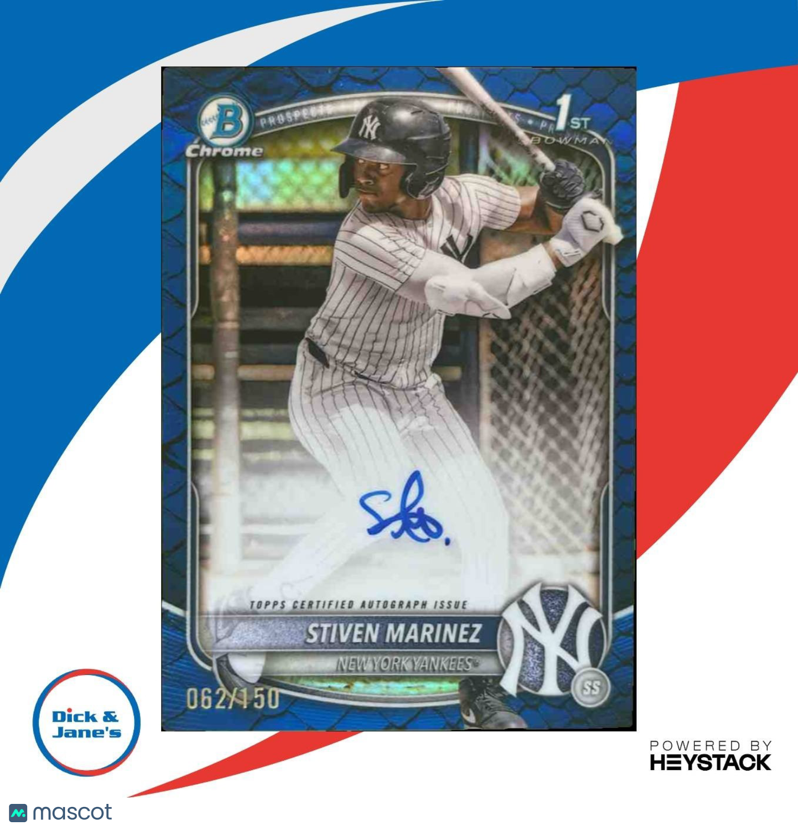 2025 Bowman Chrome Stiven Marinez Auto Reptilian Blue /150 1st Prospect Yankees - Sports Cards