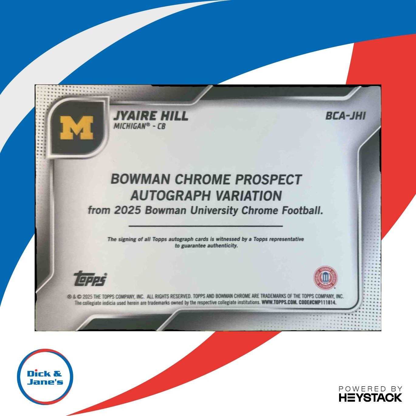 2025 Bowman Chrome University Jyaire Hill Prospect Auto Blue /150 Wolverines - Sports Cards