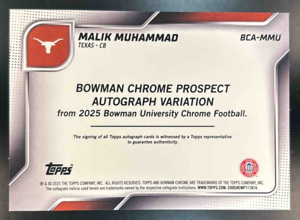 2025 Bowman Chrome University Malik Muhammad Prospect Auto Texas Longhorns - Sports Cards